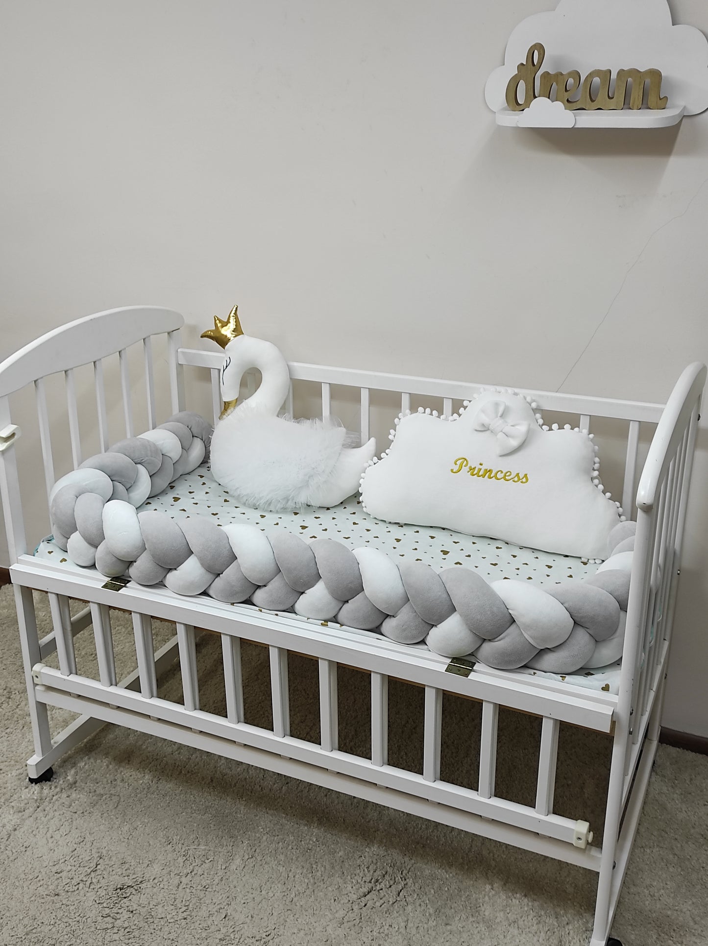 Light Gray & White Crib Bumper Set "Silver Swan Dream"