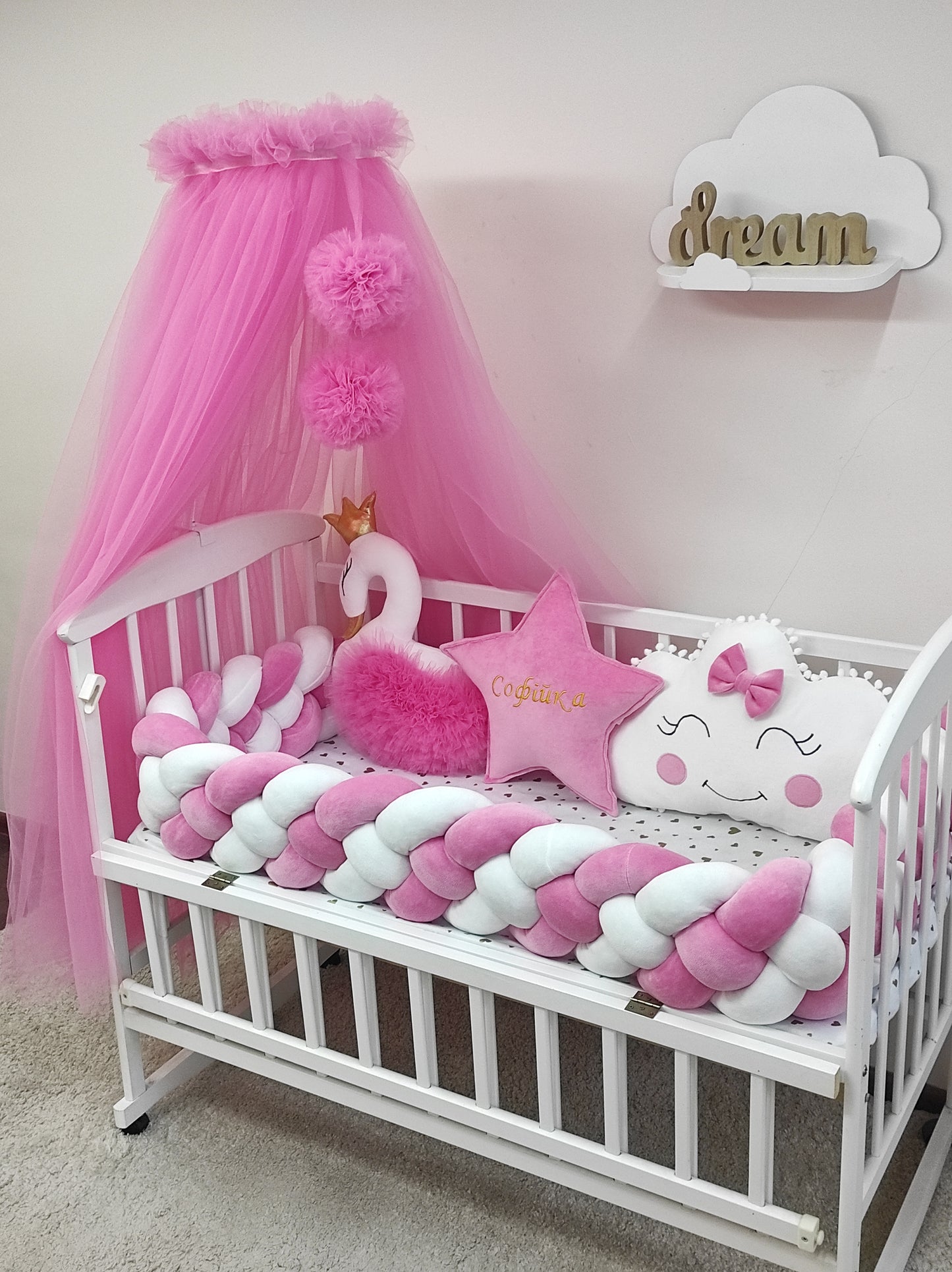 8-Piece Pink & White Baby Bedding Set with Eurotulle Canopy & Heart Print