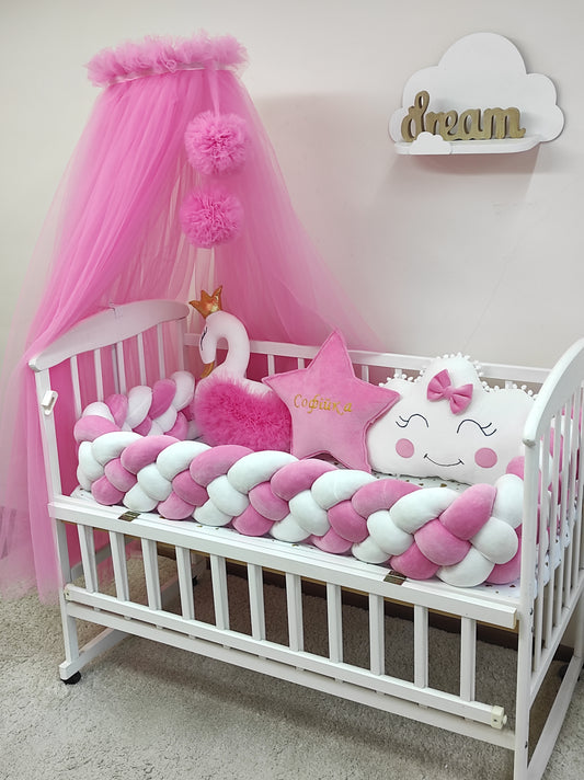 Strahlende Pinke Prinzessin | 8-teiliges Luxus-Betthimmel- und Herzchen-Bettwäsche-Set