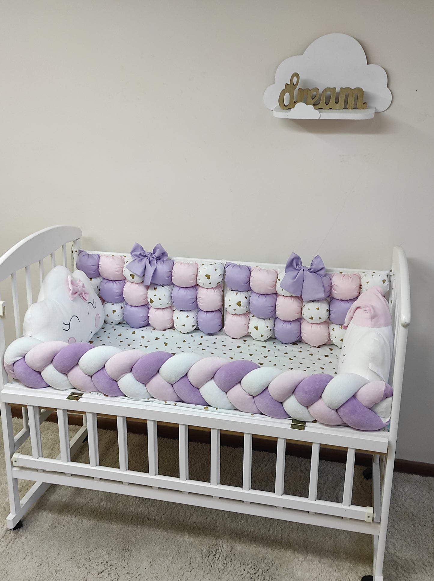 Lavender, Peach & White Crib Bumper Set "Golden Hearts Dream"