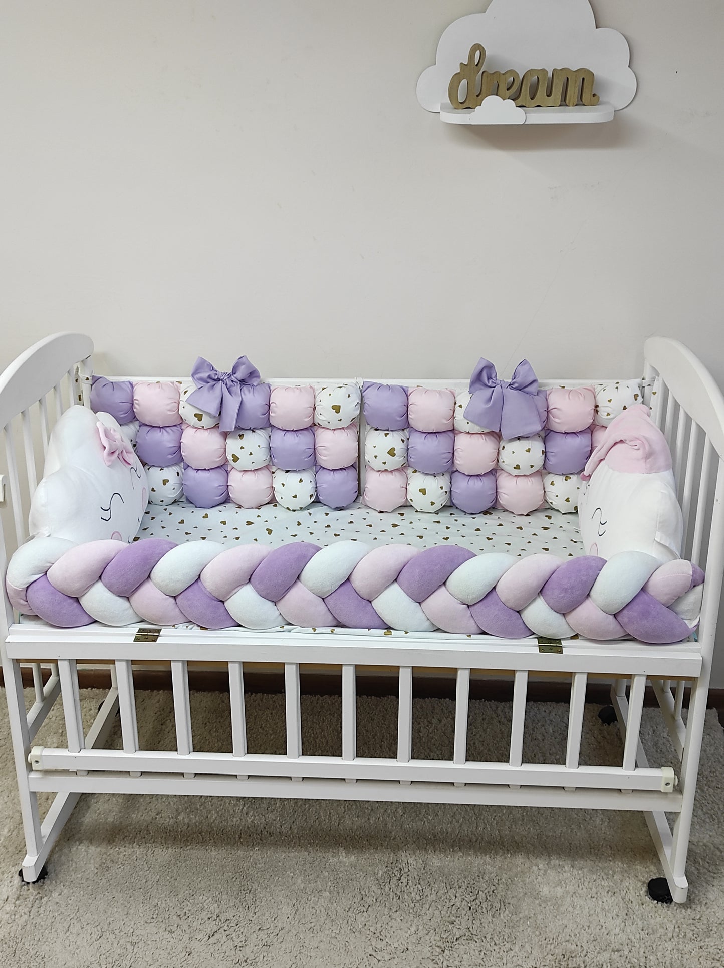 Lavender, Peach & White Crib Bumper Set "Golden Hearts Dream"