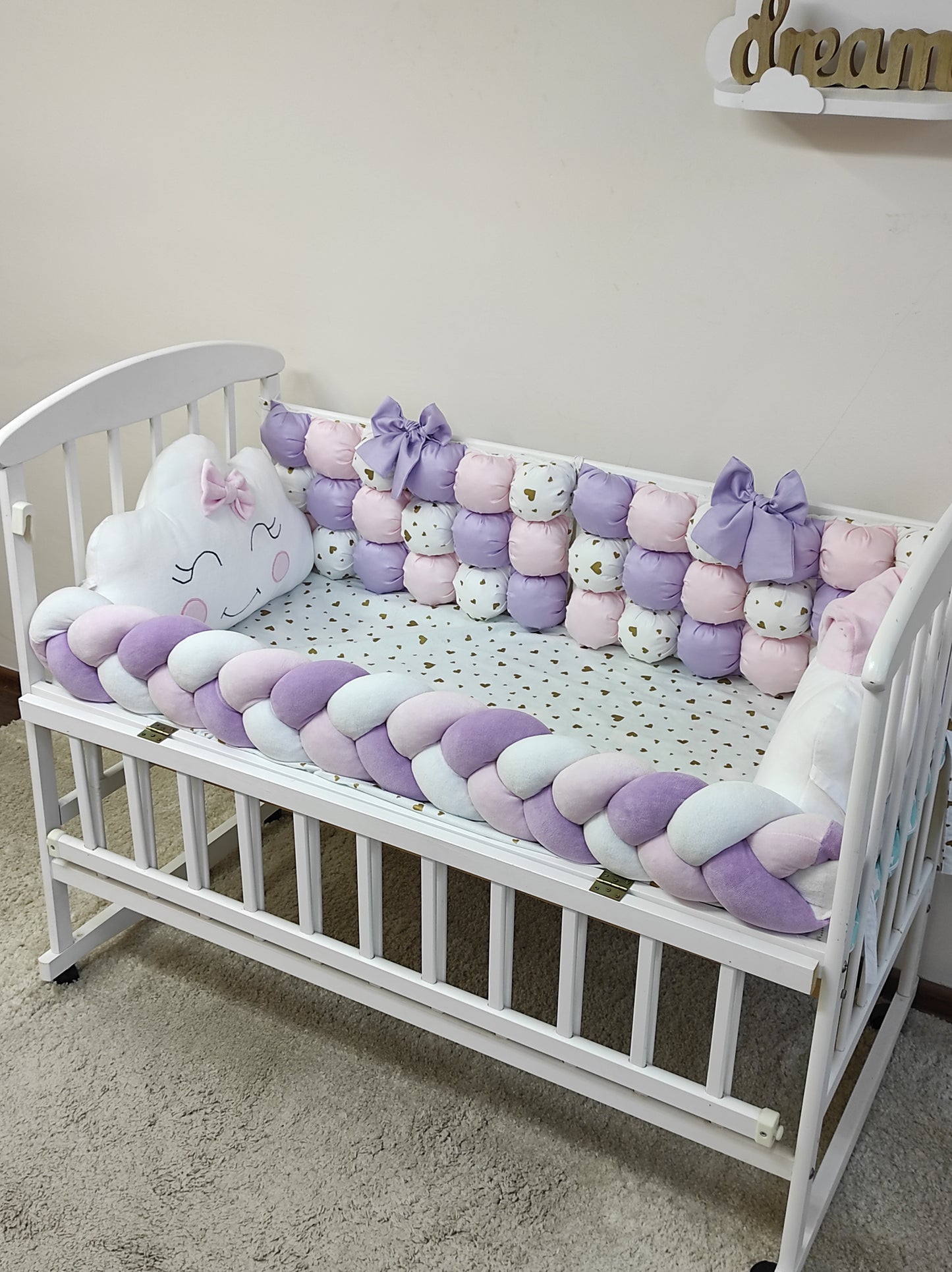 Lavender, Peach & White Crib Bumper Set "Golden Hearts Dream"