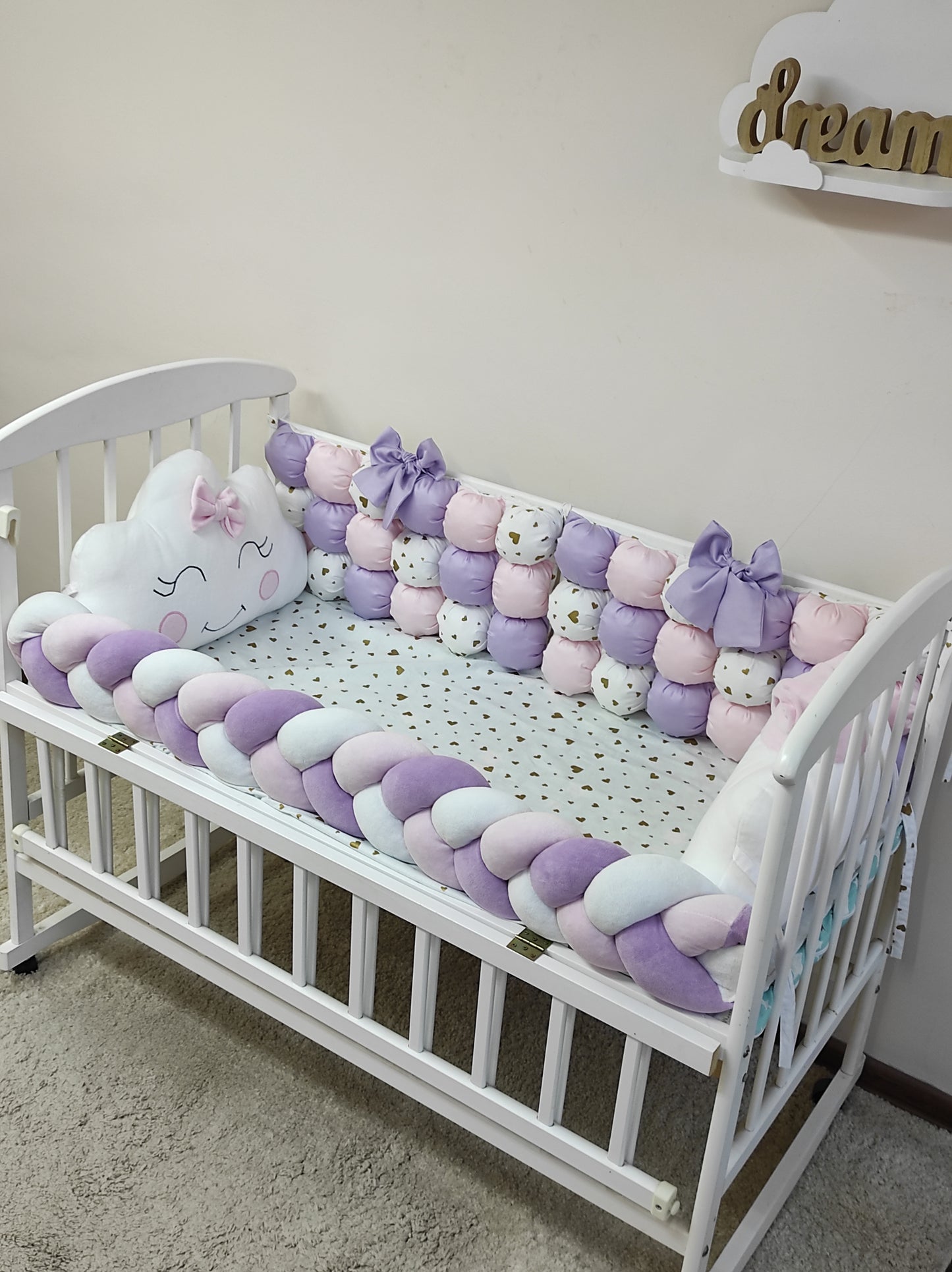 Lavender, Peach & White Crib Bumper Set "Golden Hearts Dream"