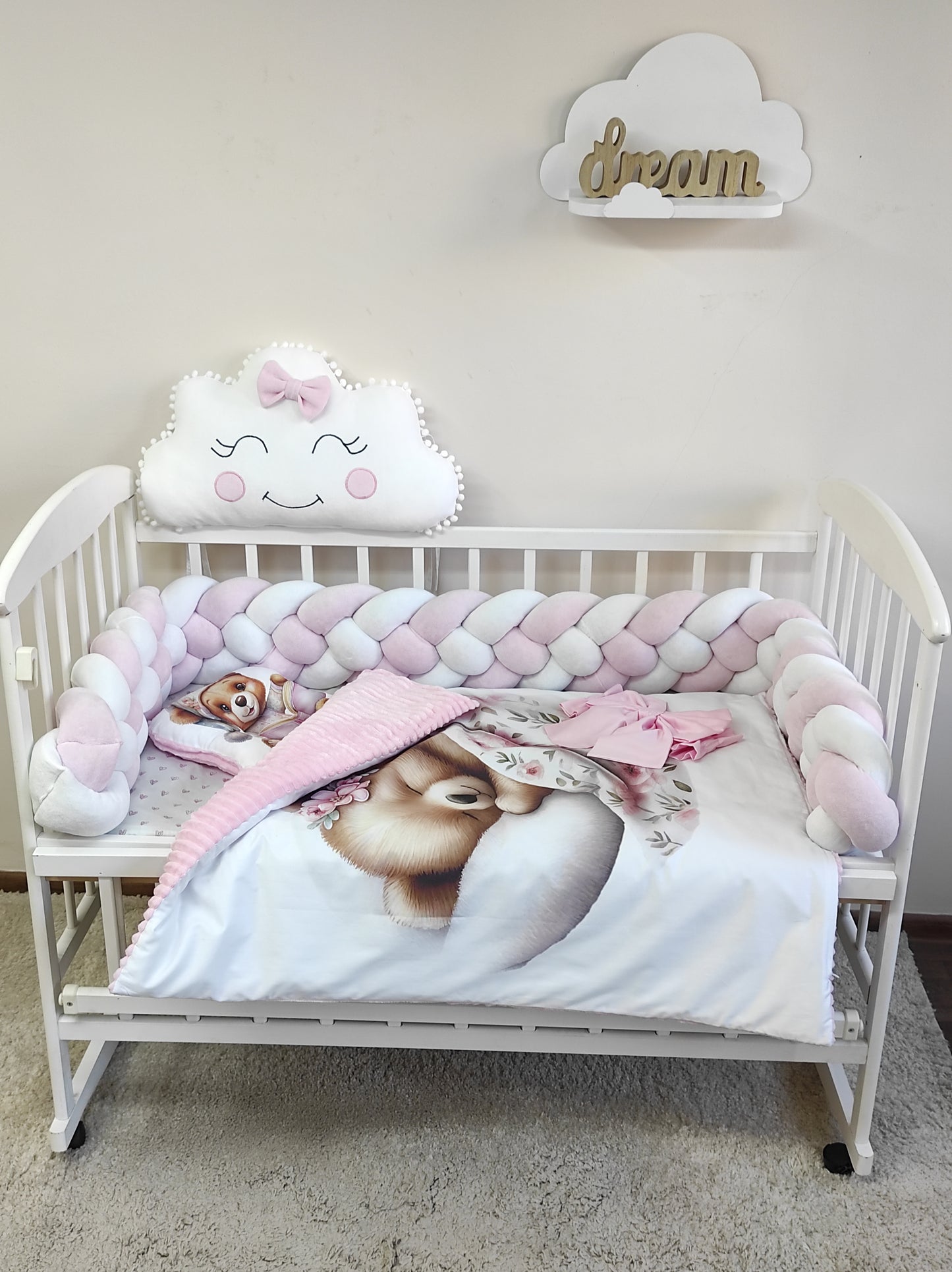 Pink & White Nursery Bedding Set "Sleeping Bear"