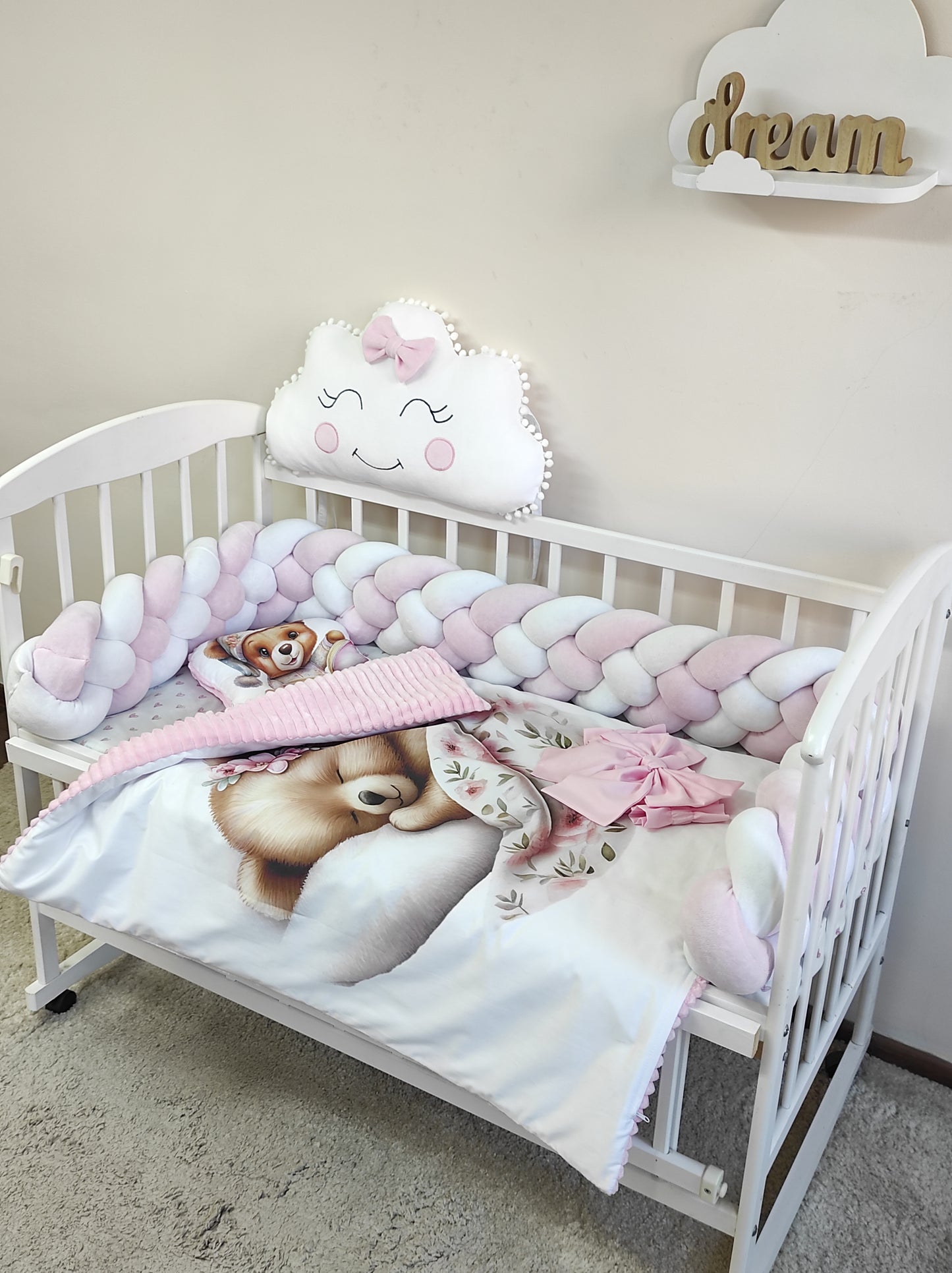 Pink & White Nursery Bedding Set "Sleeping Bear"