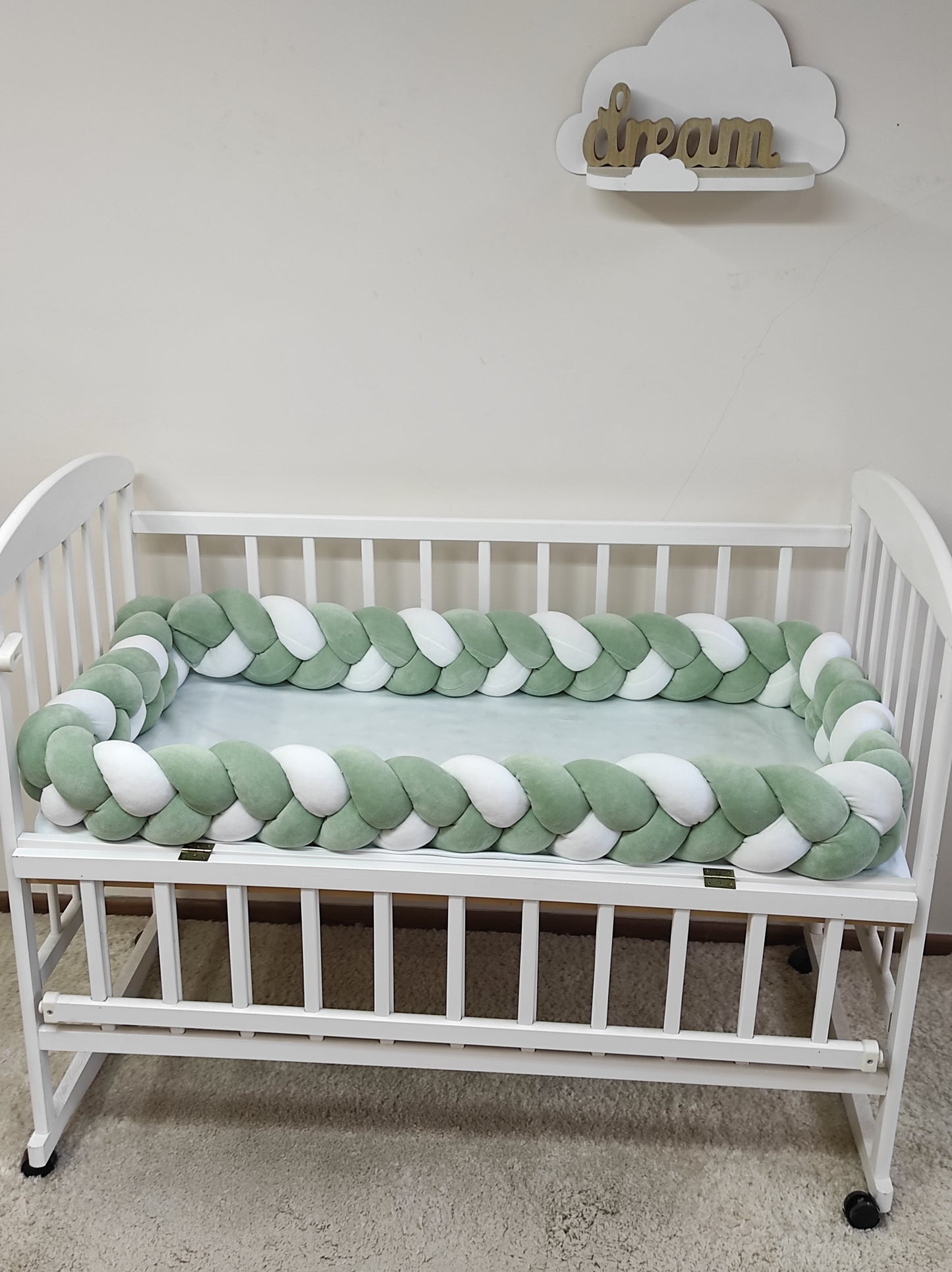 Sage Green & White Braided Crib Bumper