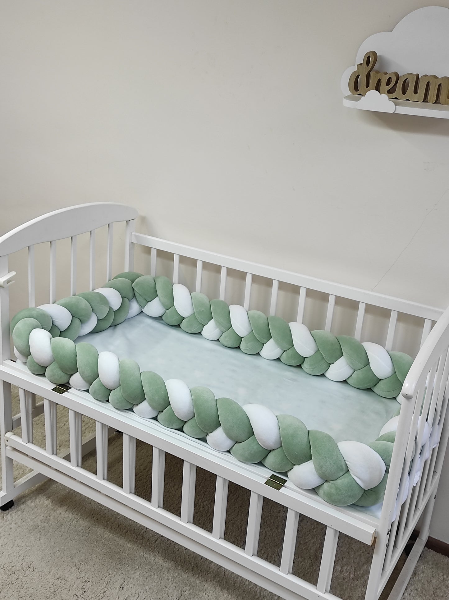 Sage Green & White Braided Crib Bumper