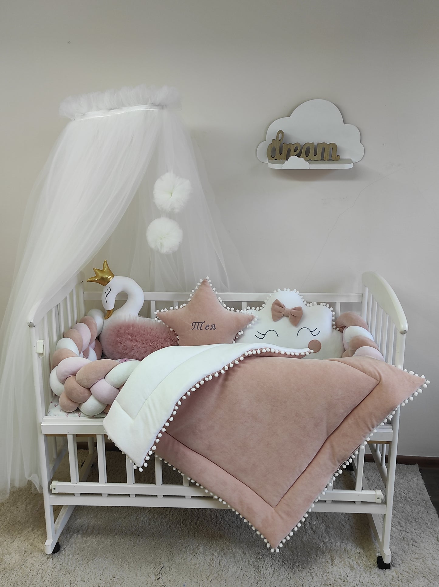 Whimsical Grace 10-Piece Swan Bedding Set - Pink & White Pom-Pom Nursery Decor