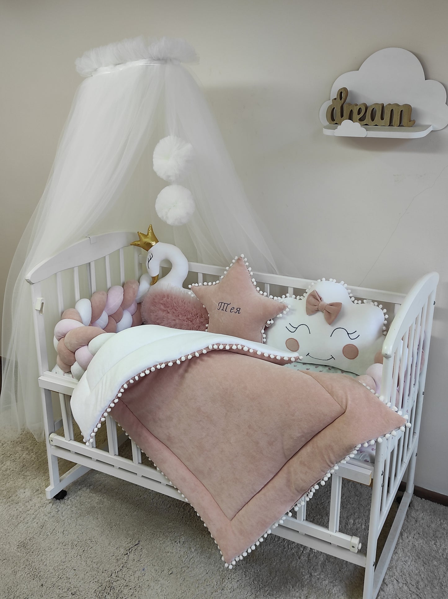 Whimsical Grace 10-Piece Swan Bedding Set - Pink & White Pom-Pom Nursery Decor