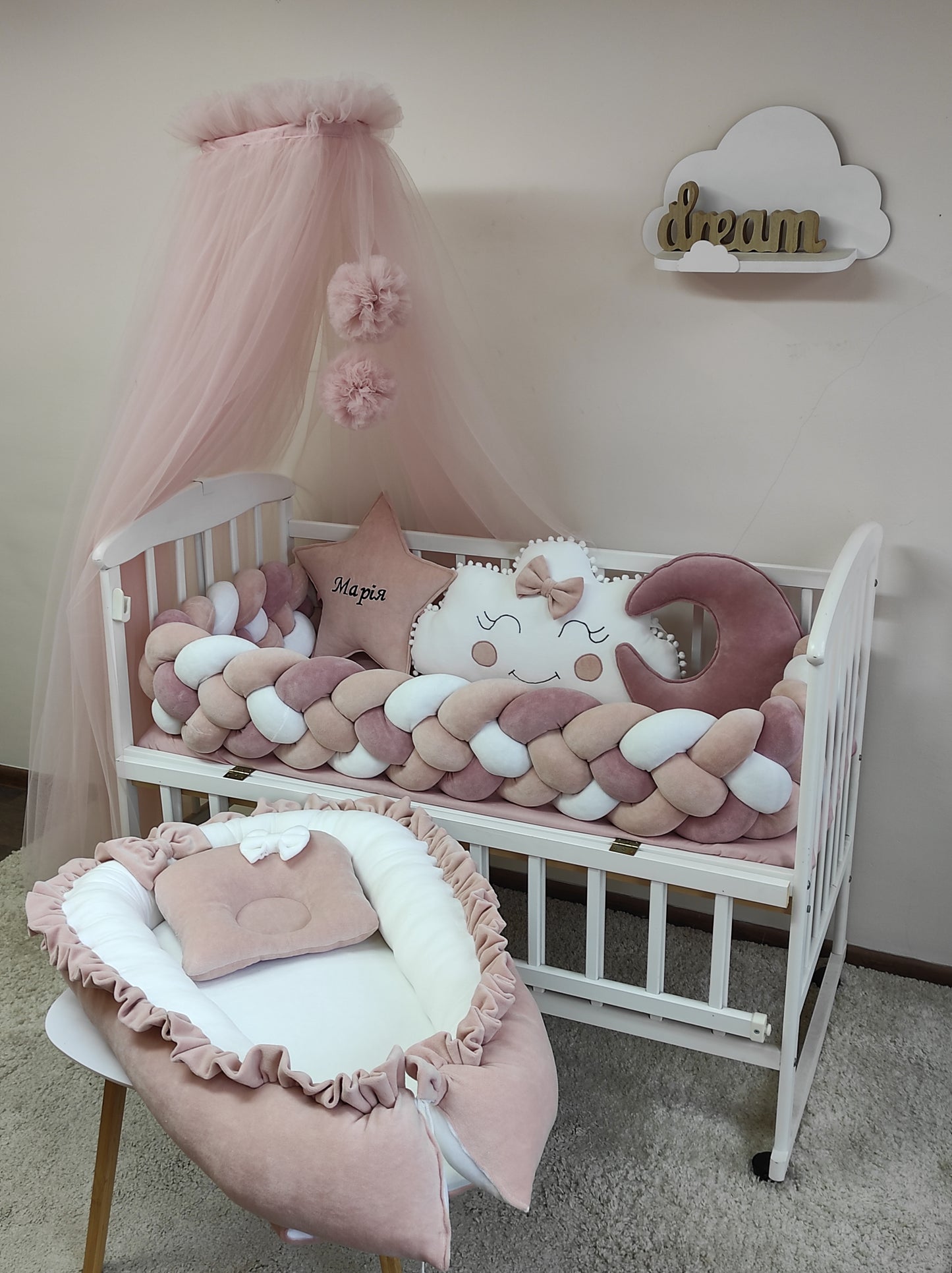 Powder Tenderness 10-Piece Baby Bedding Set with Lace & Euro-Tulle Canopy