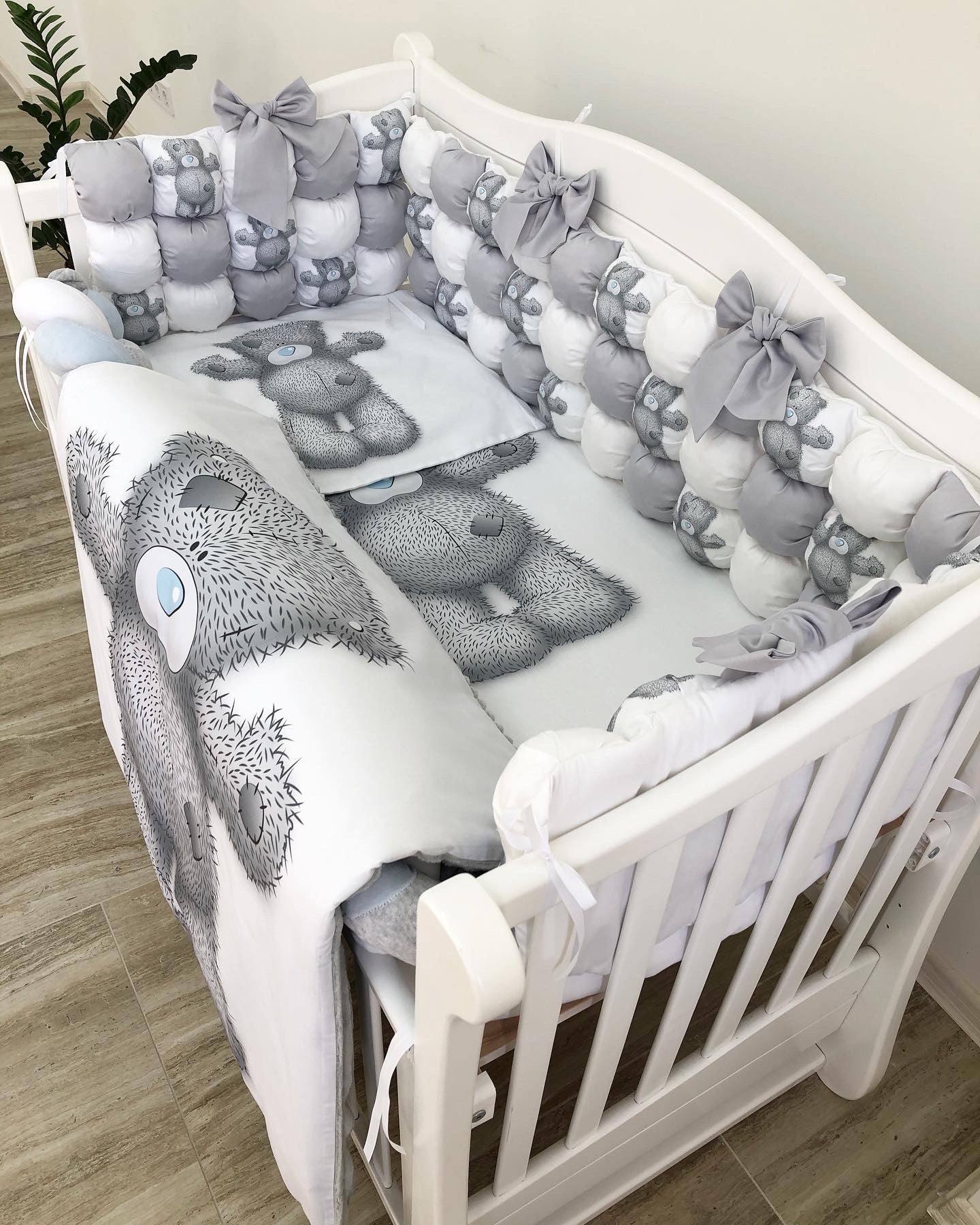 Bubble bumper baby bedding set "Grey Teddy"