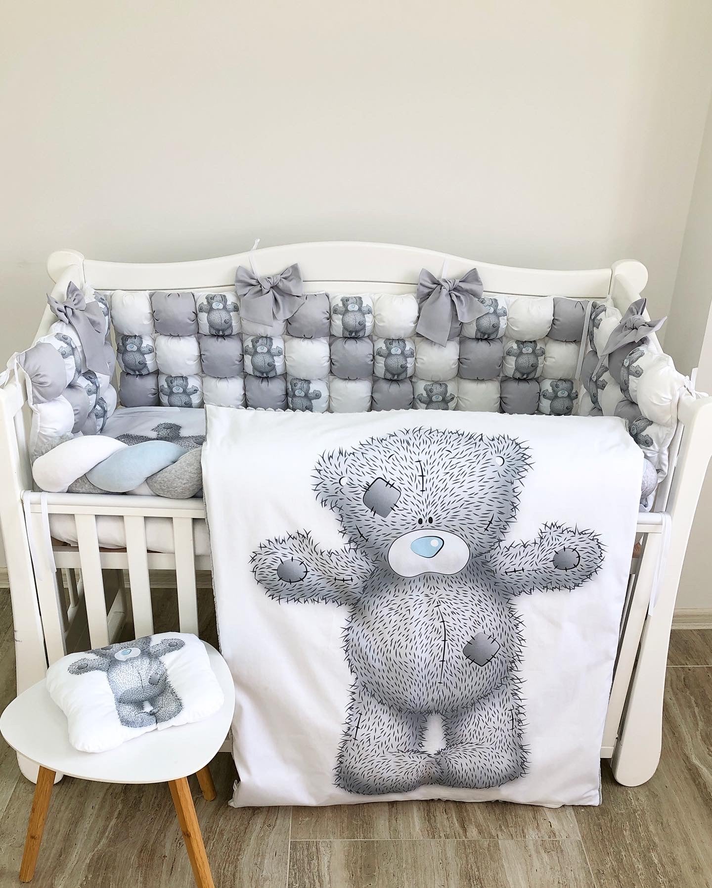 Bubble bumper baby bedding set "Grey Teddy"