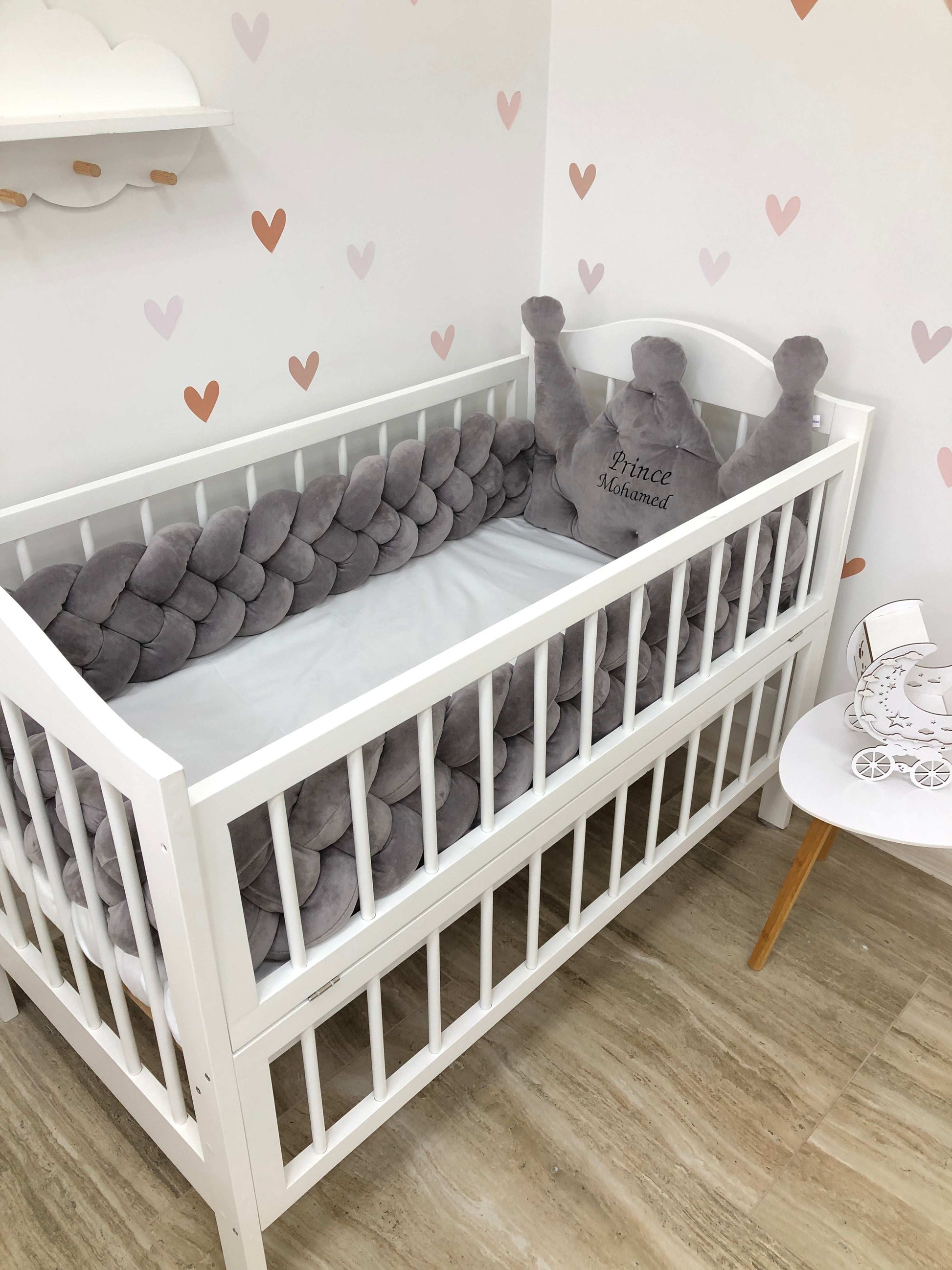 Crib Bumper “powder 4-strand braided bumper and crown” - Baby Bedding Worlds