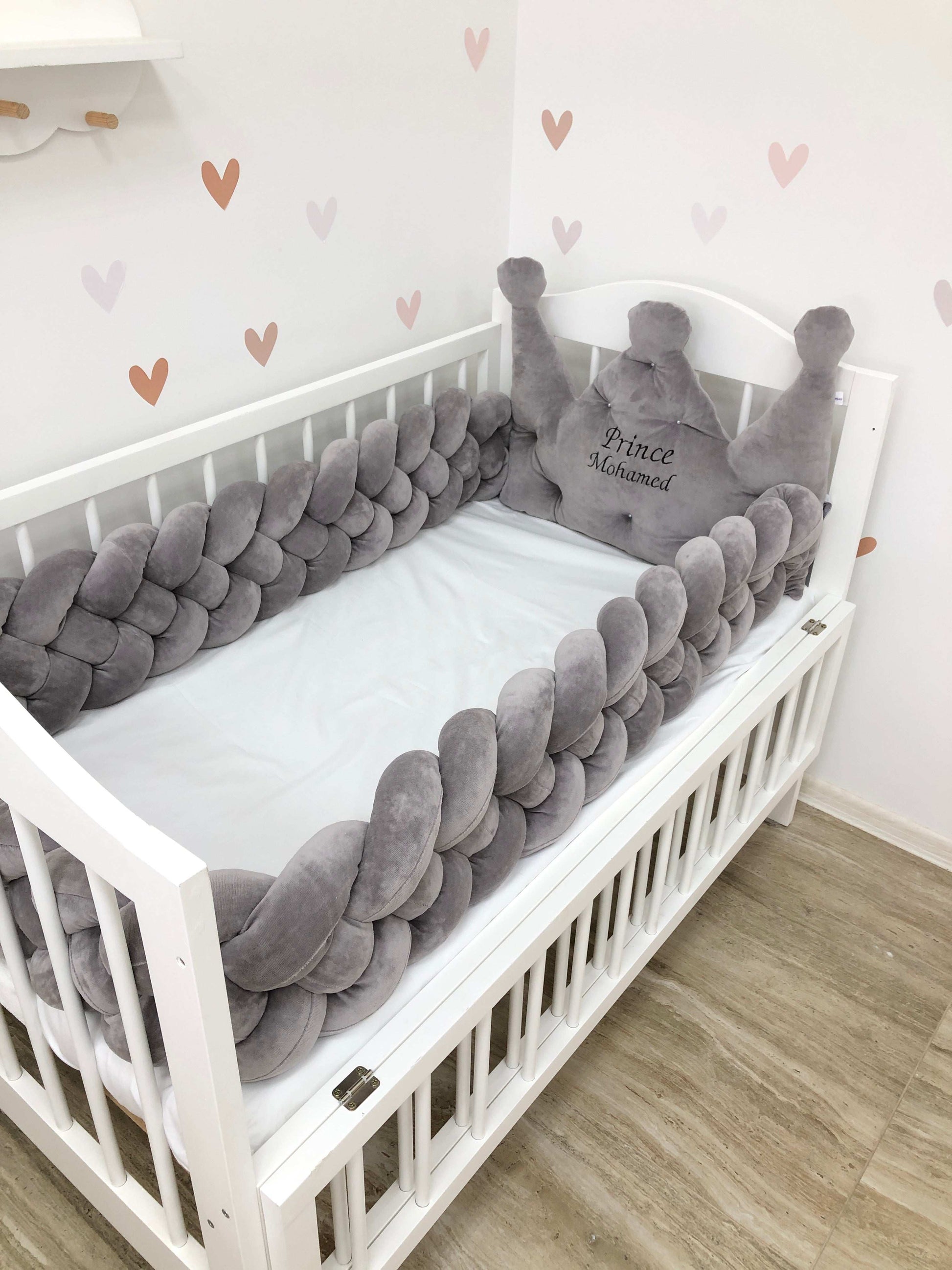 Crib Bumper “powder 4-strand braided bumper and crown” - Baby Bedding Worlds