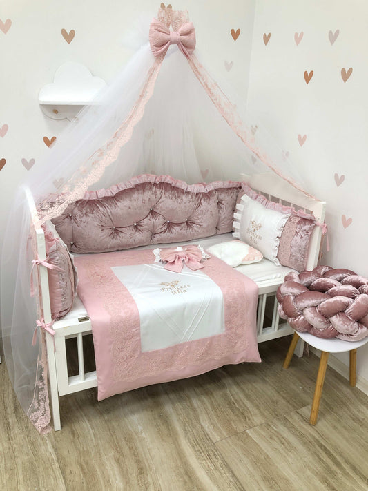 Crib Bedding Set "Royal velvet powder" - Baby Bedding Worlds
