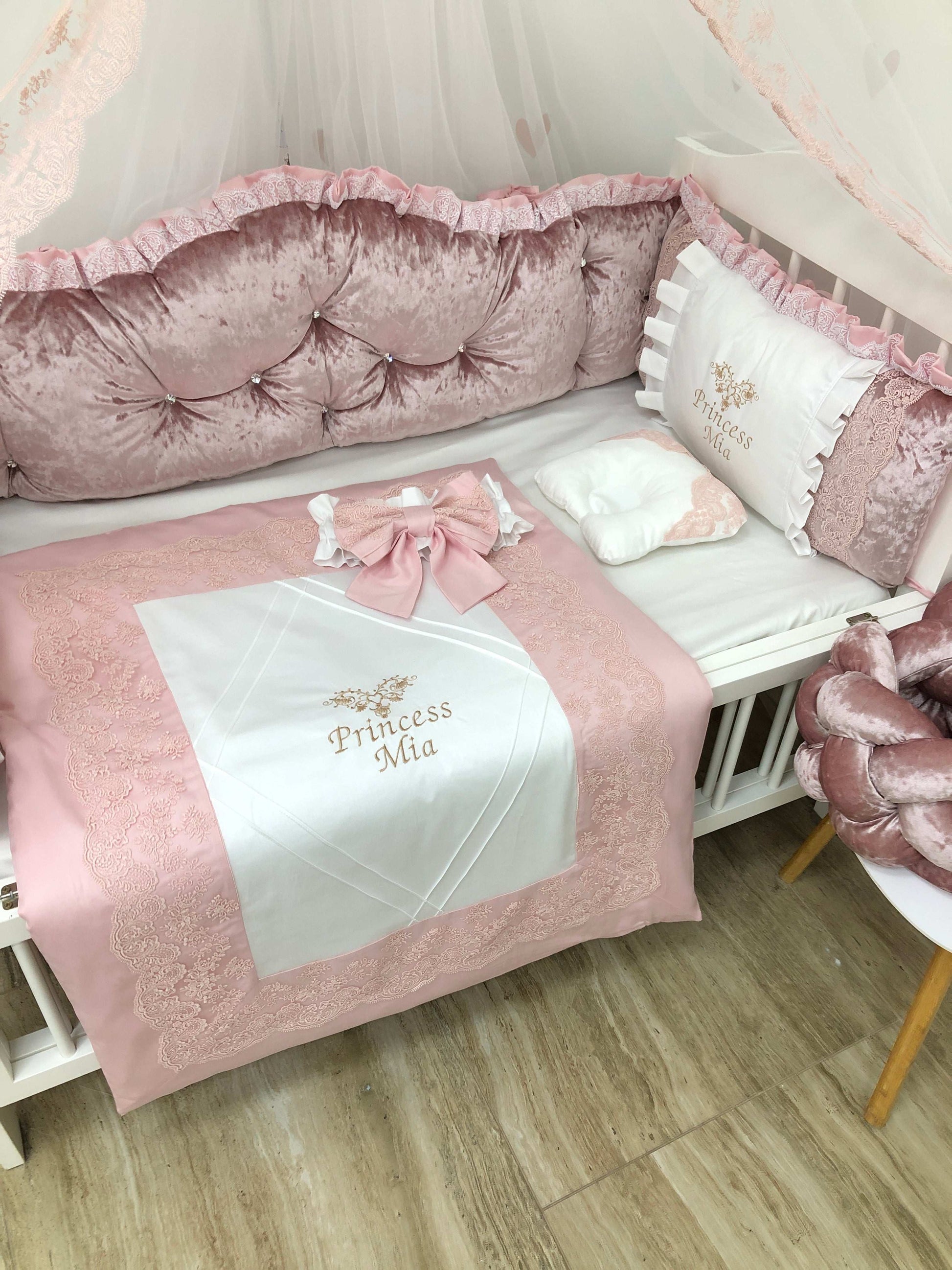 Crib Bedding Set "Royal velvet powder" - Baby Bedding Worlds