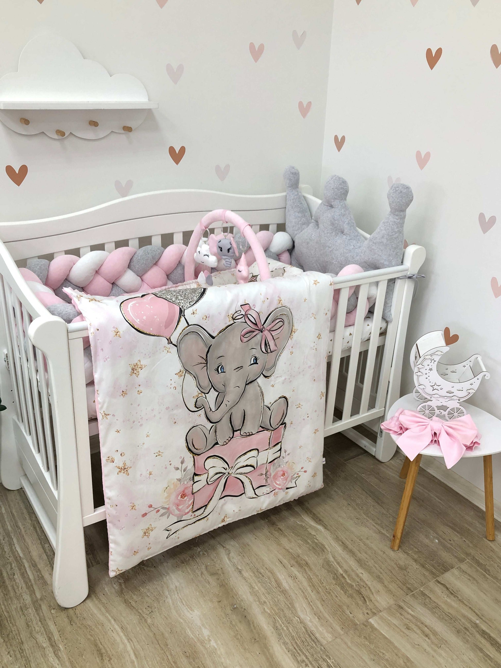 Crib set "Grey-pink elephant" - Baby Bedding Worlds
