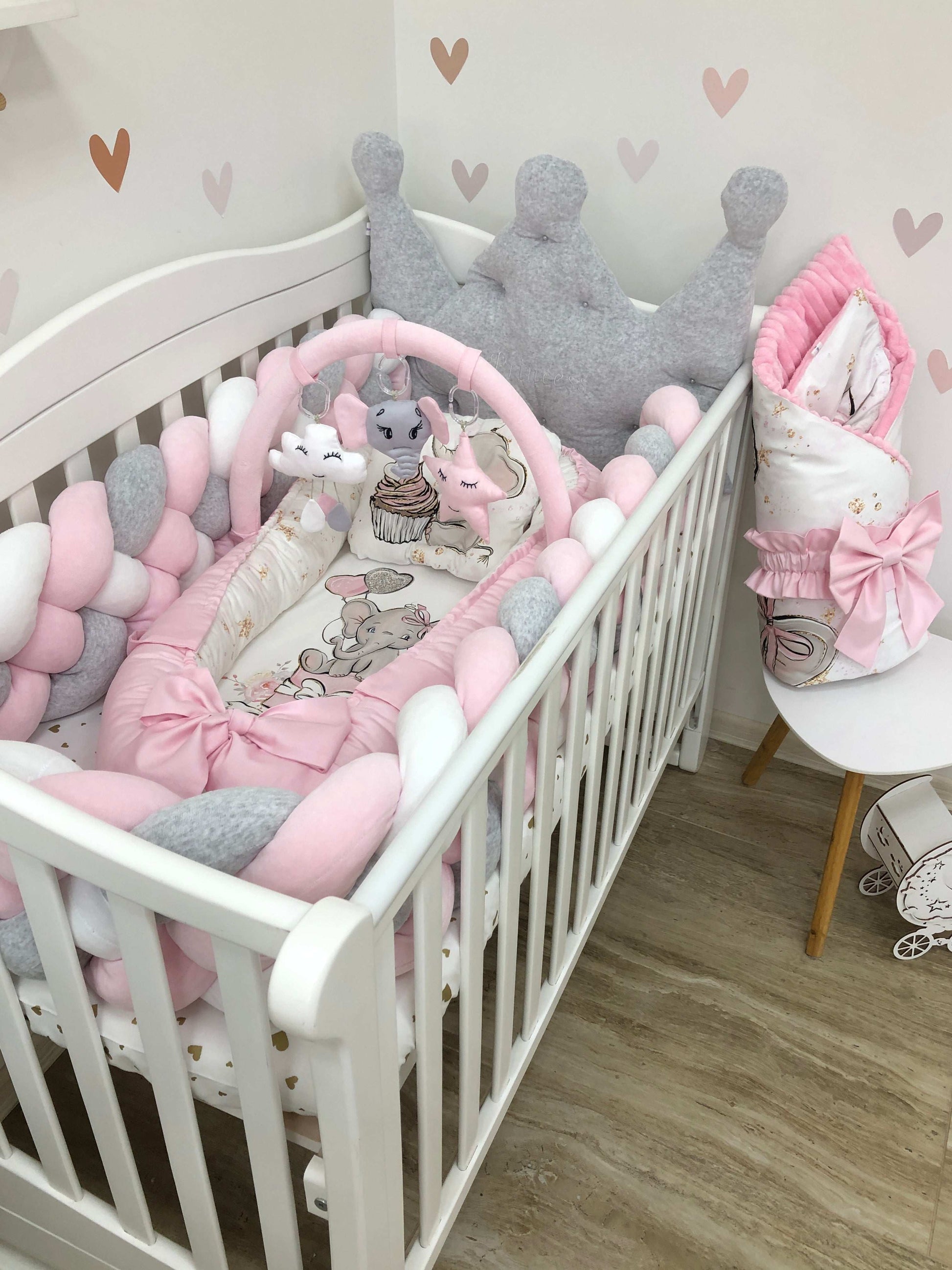 Crib set "Grey-pink elephant" - Baby Bedding Worlds