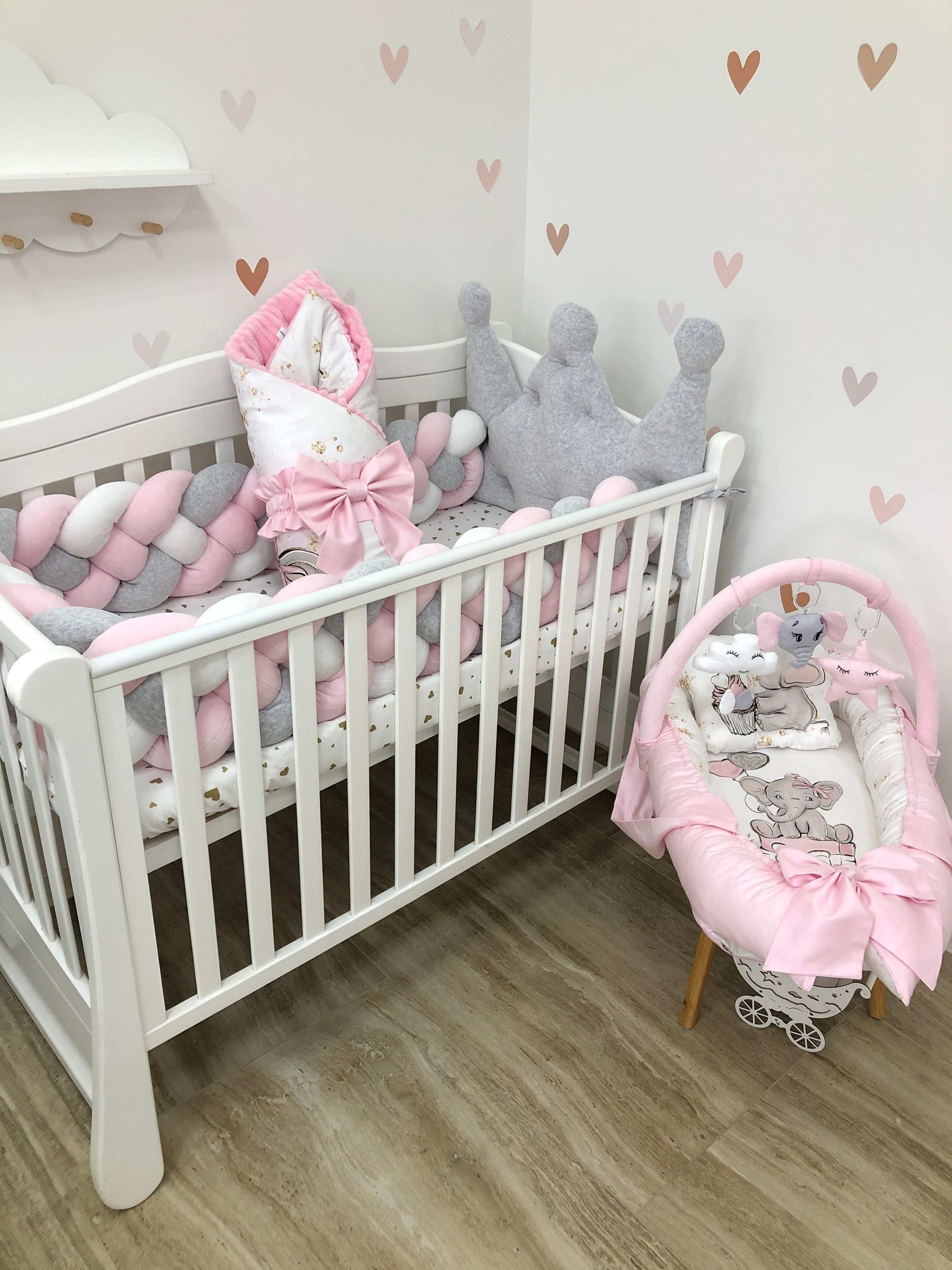 Crib set "Grey-pink elephant" - Baby Bedding Worlds