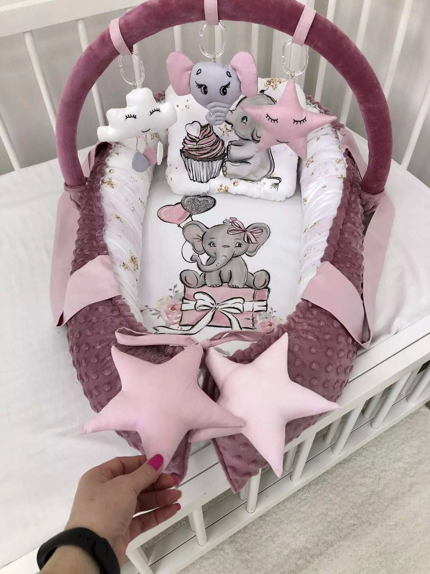 Baby Nest Tea Rose Elephant “Nest for babies with bow and toys” - Baby Bedding Worlds