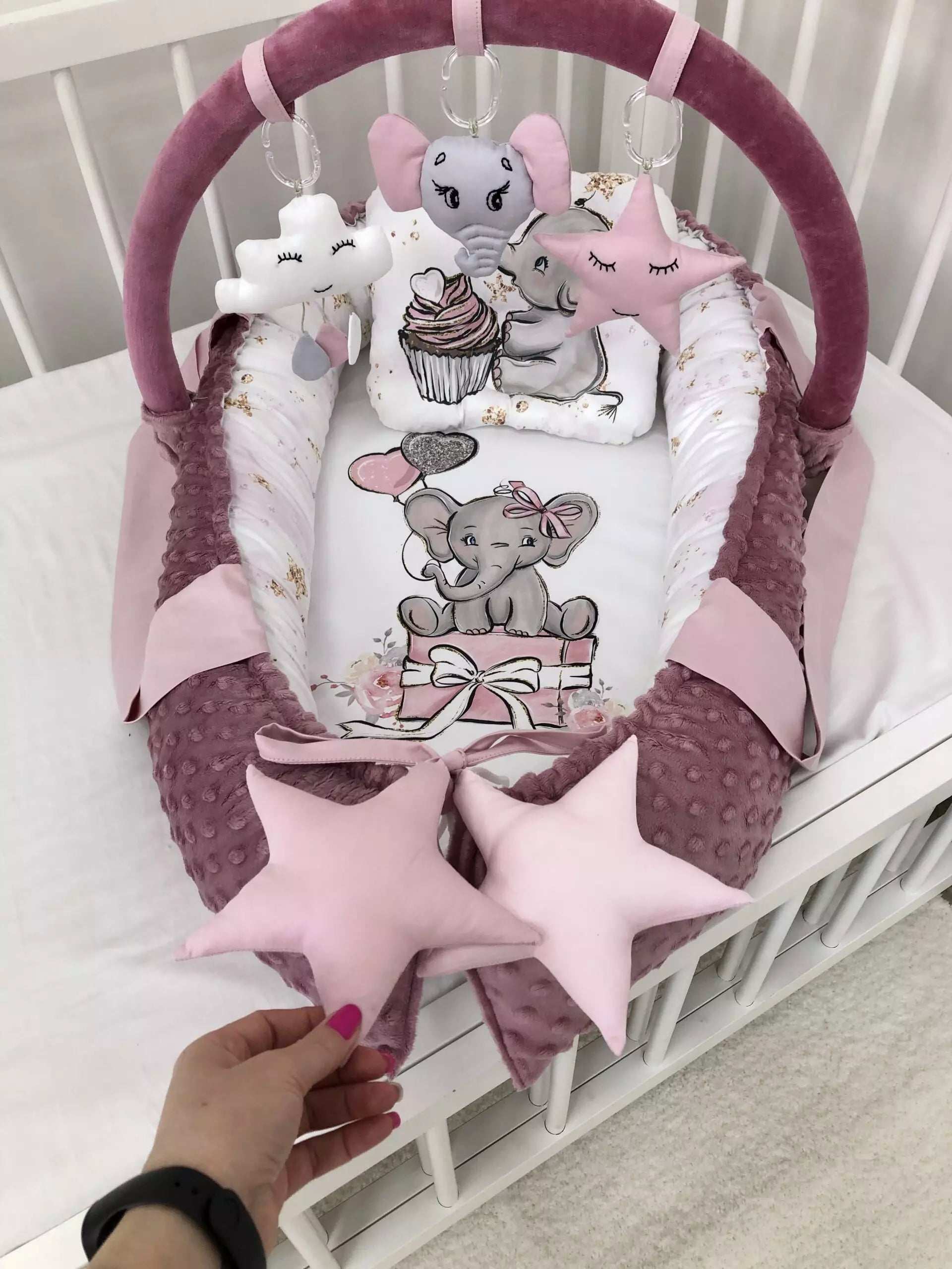 Baby Nest Tea Rose Elephant “Nest for babies with bow and toys” - Baby Bedding Worlds