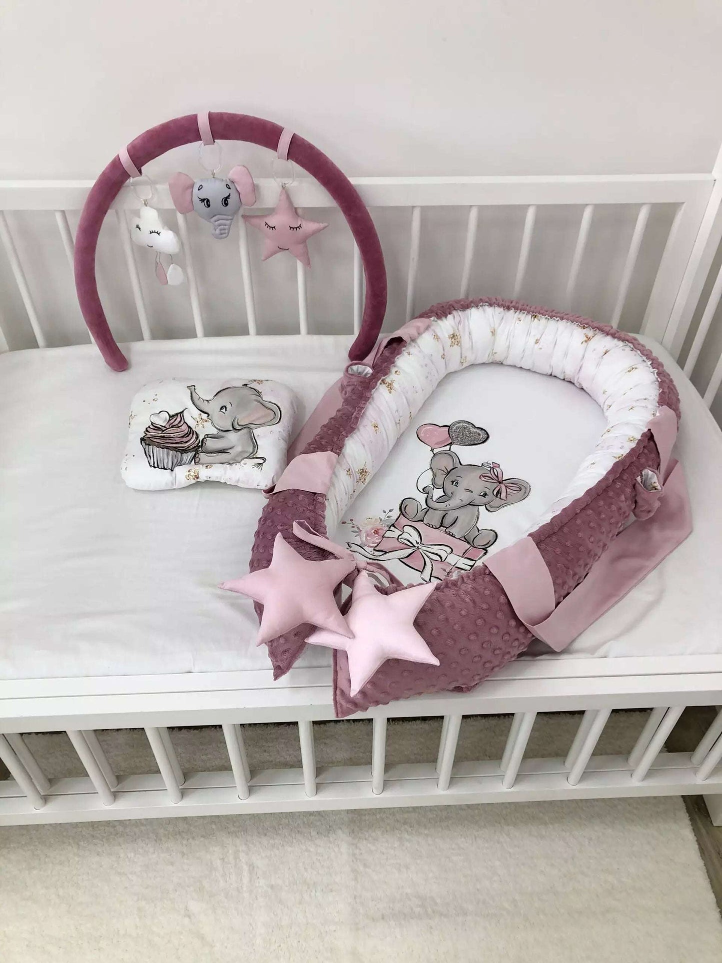 Baby Nest Tea Rose Elephant “Nest for babies with bow and toys” - Baby Bedding Worlds
