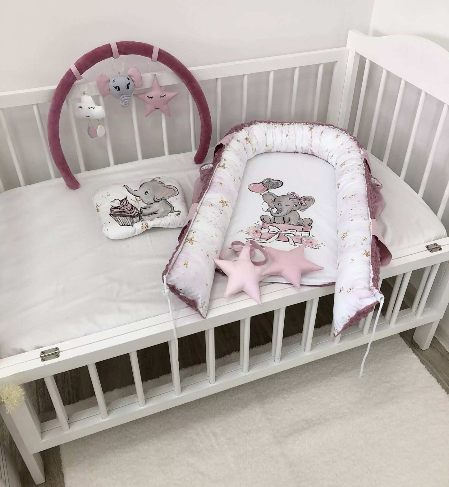 Baby Nest Tea Rose Elephant “Nest for babies with bow and toys” - Baby Bedding Worlds
