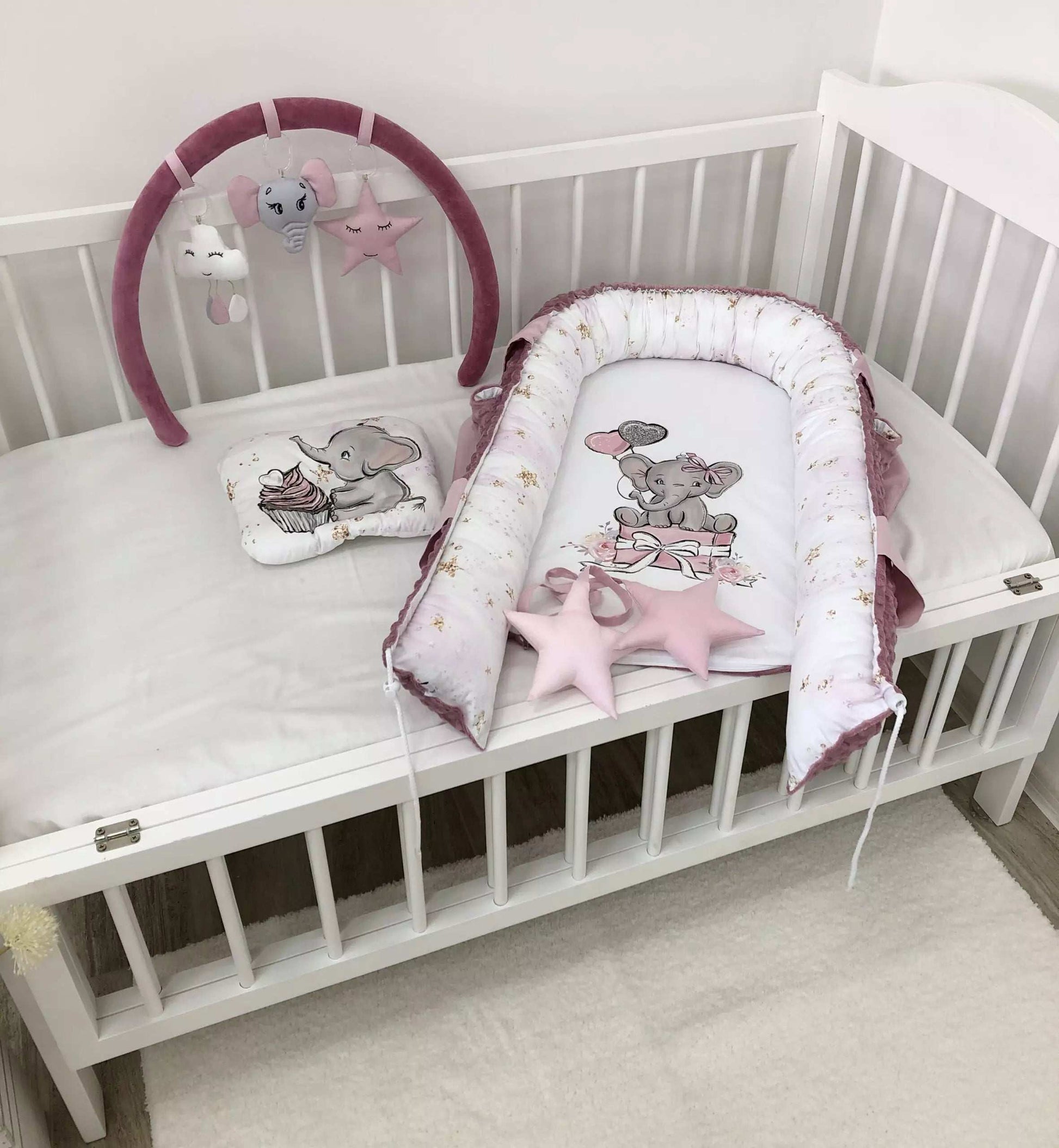 Baby Nest Tea Rose Elephant “Nest for babies with bow and toys” - Baby Bedding Worlds