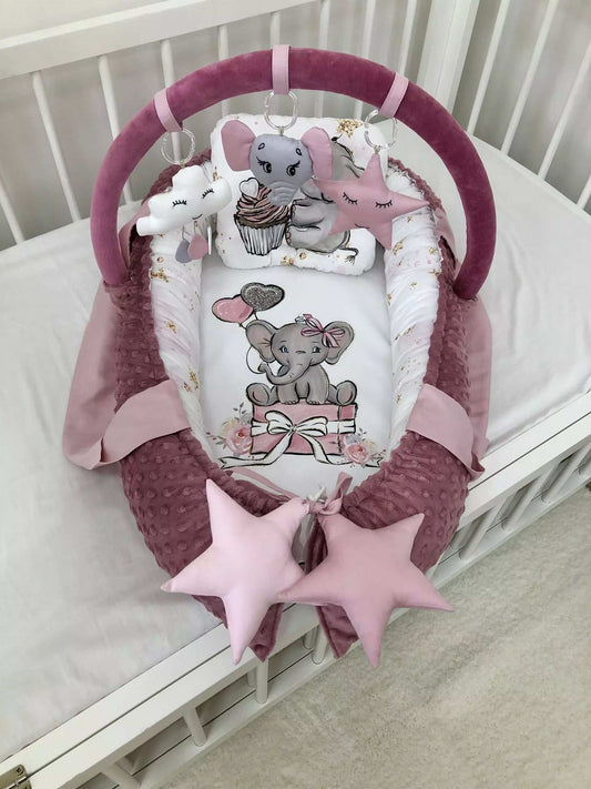 Baby Nest Tea Rose Elephant “Nest for babies with bow and toys” - Baby Bedding Worlds