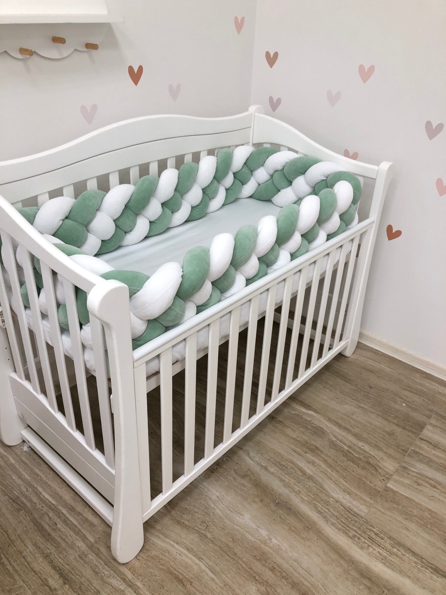 White & Olive 4-Strand Braided Crib Bumper