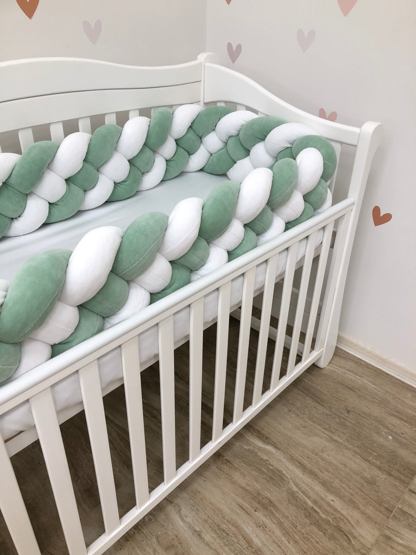 White & Olive 4-Strand Braided Crib Bumper