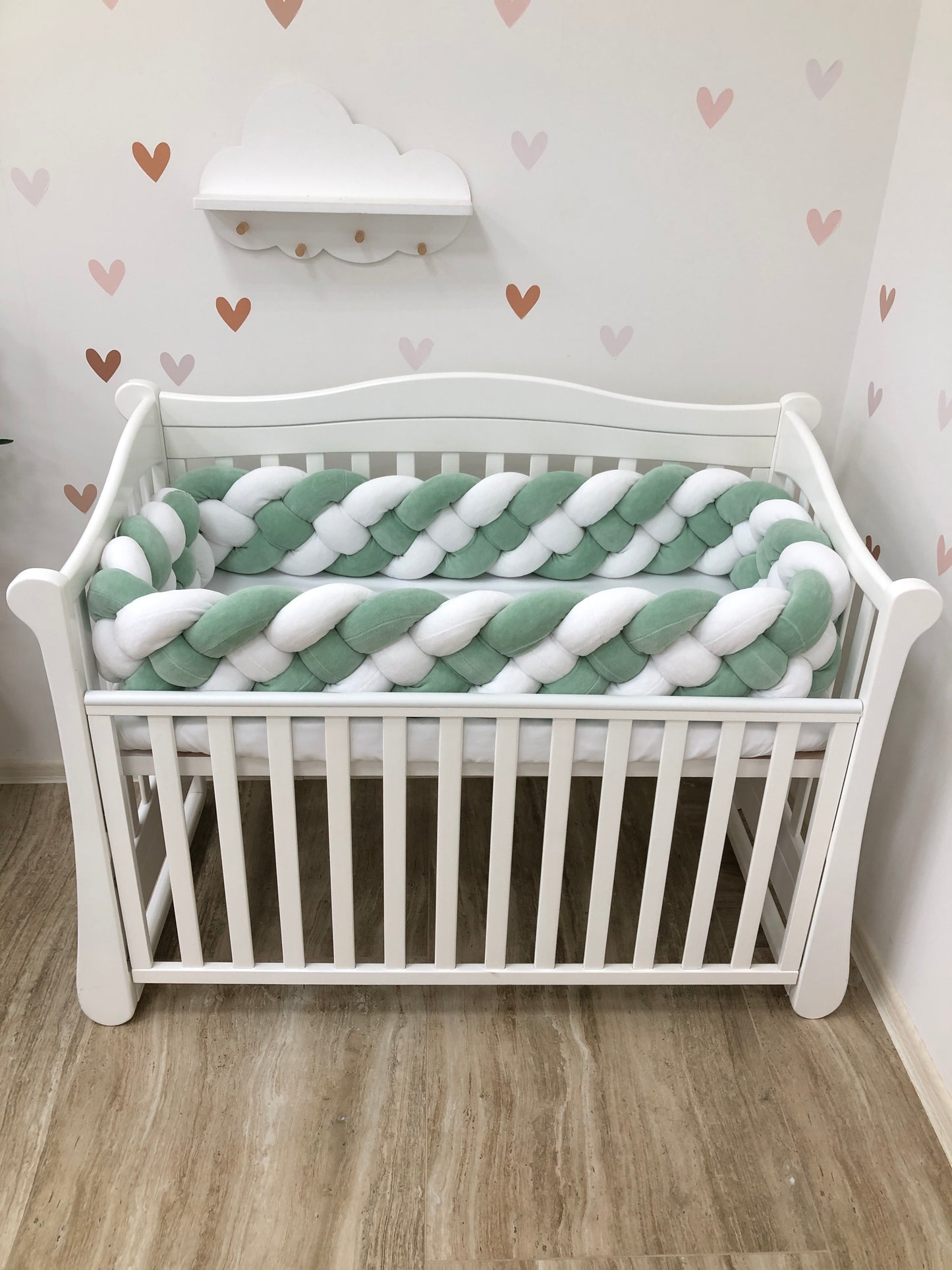 White & Olive 4-Strand Braided Crib Bumper