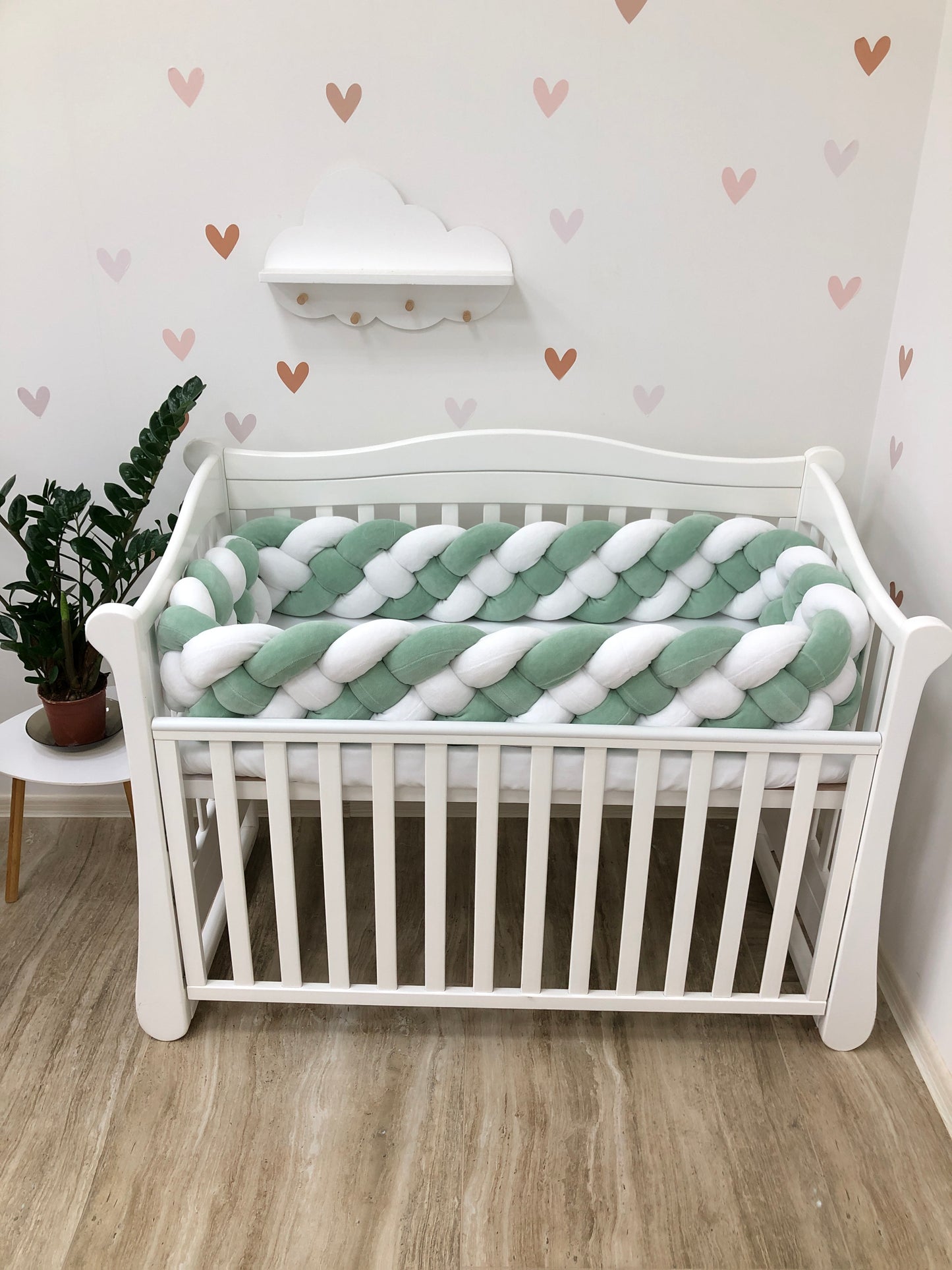 White & Olive 4-Strand Braided Crib Bumper