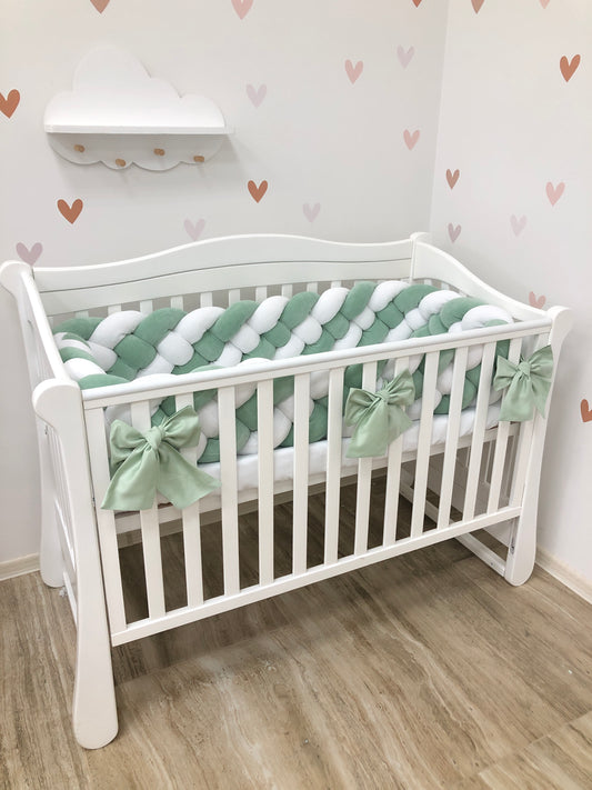 White & Olive 4-Strand Braided Crib Bumper