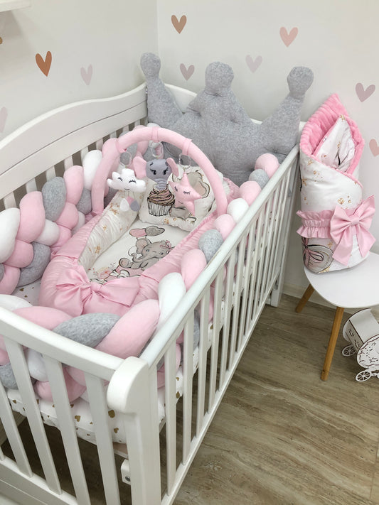 Crib set "Grey-pink elephant"