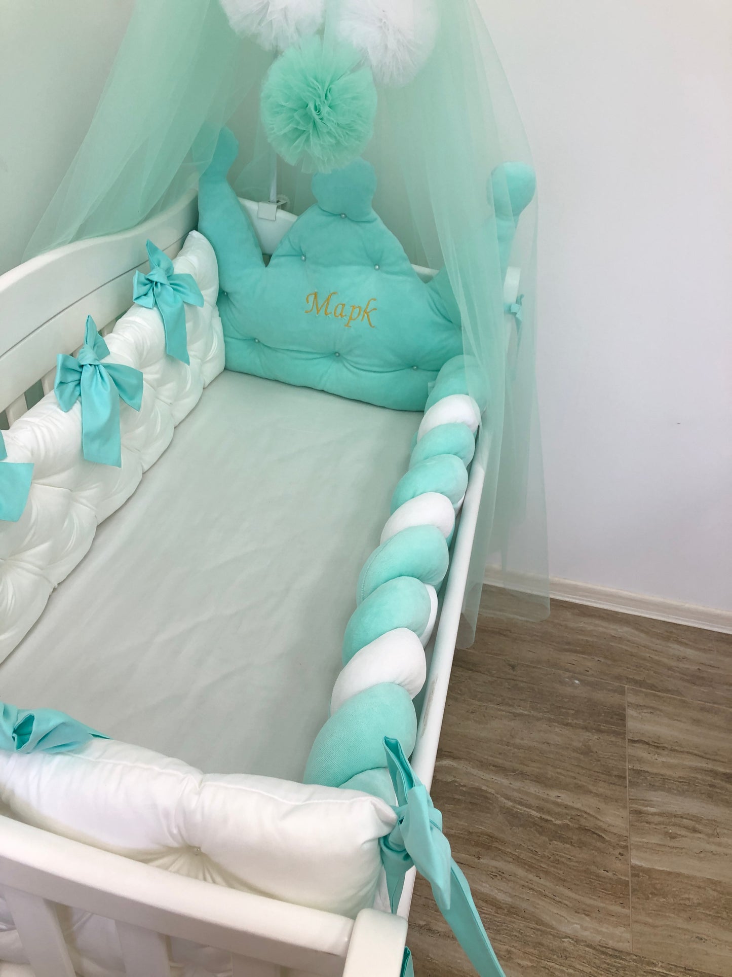 Crib bedding set "Delicate mint white"