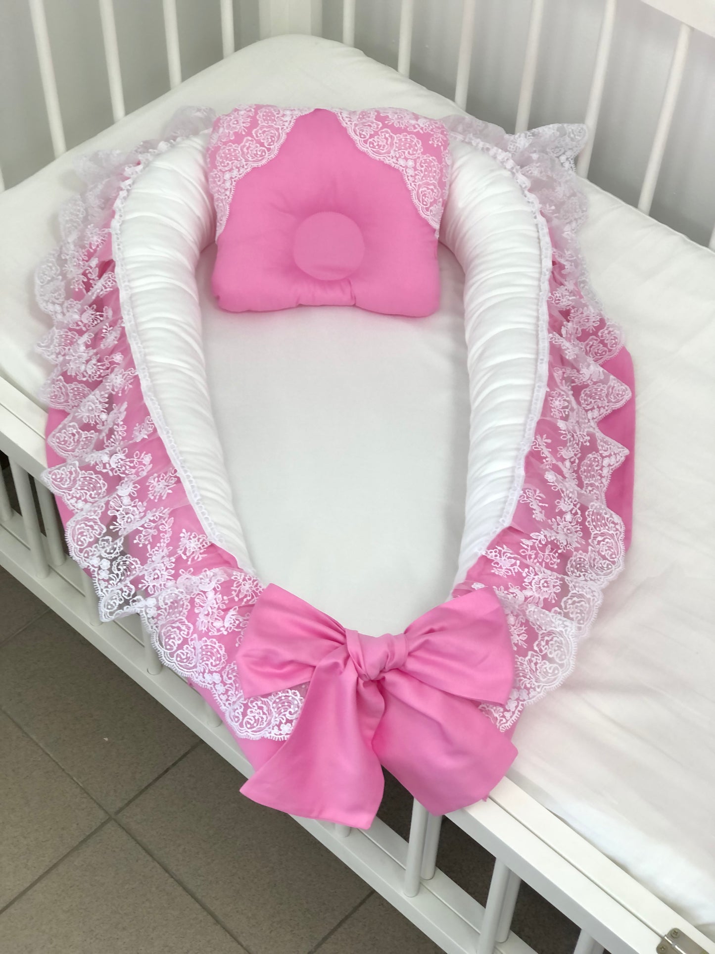 Personalized Pink Royal Collection Baby Bedding Set with Lace & Airy Canopy