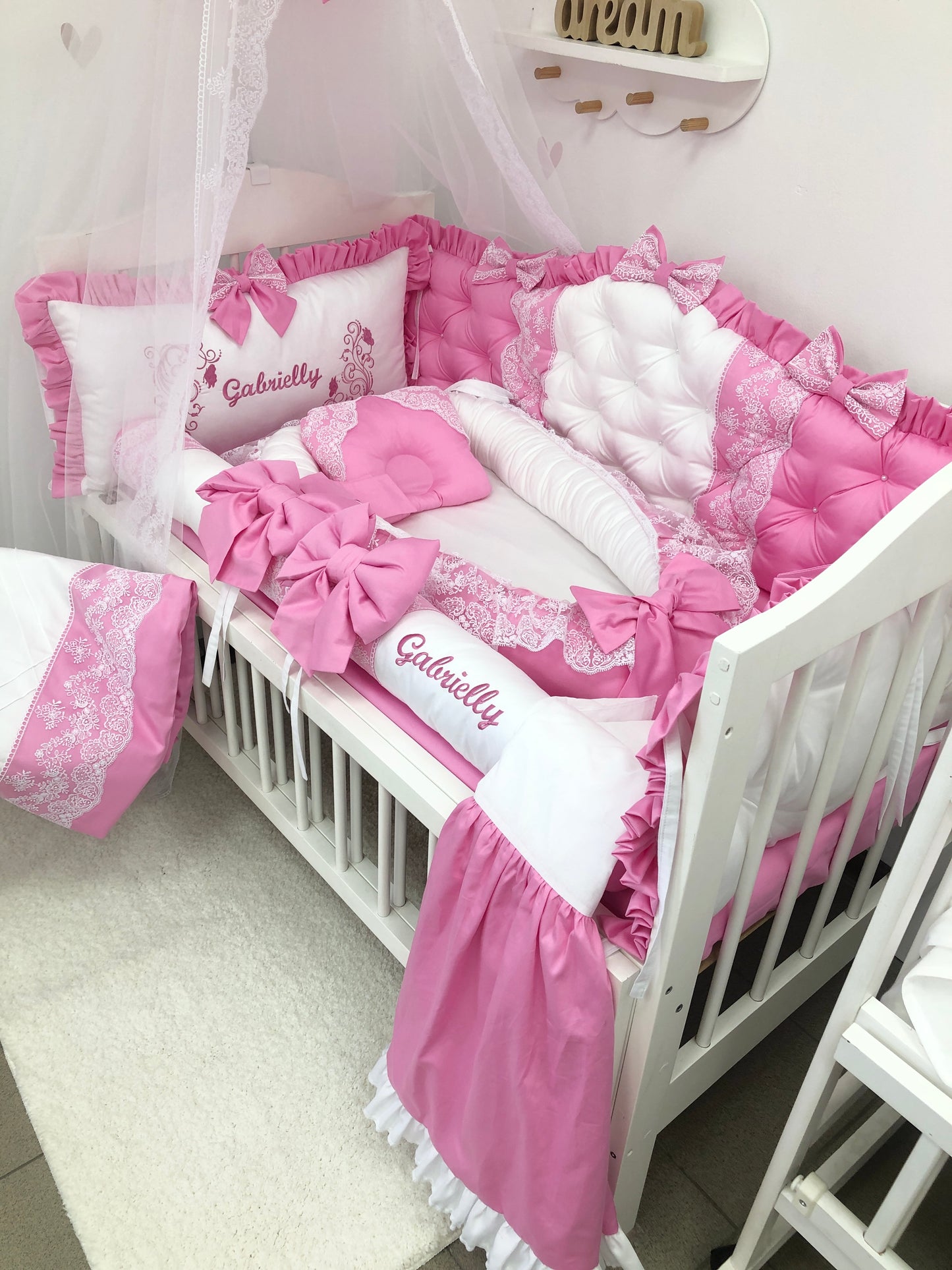Personalized Pink Royal Collection Baby Bedding Set with Lace & Airy Canopy