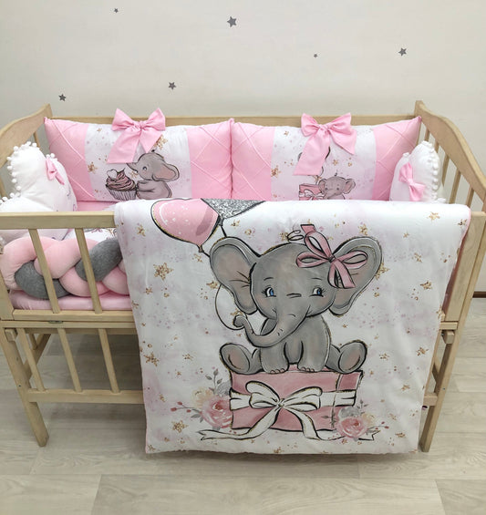 Crib set “Pink Elephant for girl” - Baby Bedding Worlds