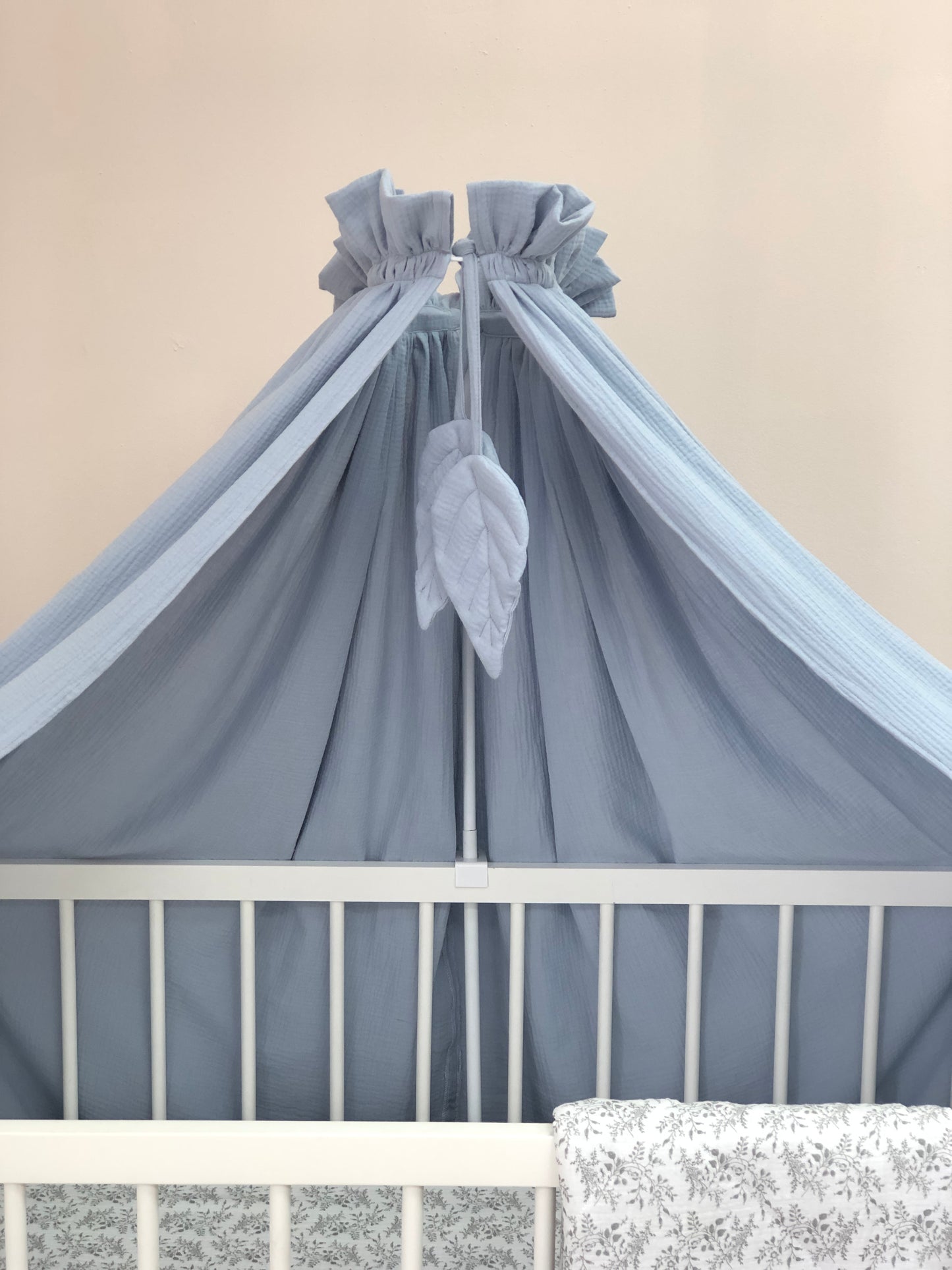 Blue Muslin Crib Bedding Set with Leaf Canopy, Reversible Quilt & Diaper Organizer