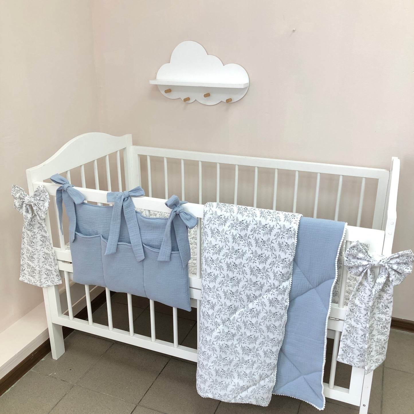 Blue Muslin Crib Bedding Set with Leaf Canopy, Reversible Quilt & Diaper Organizer