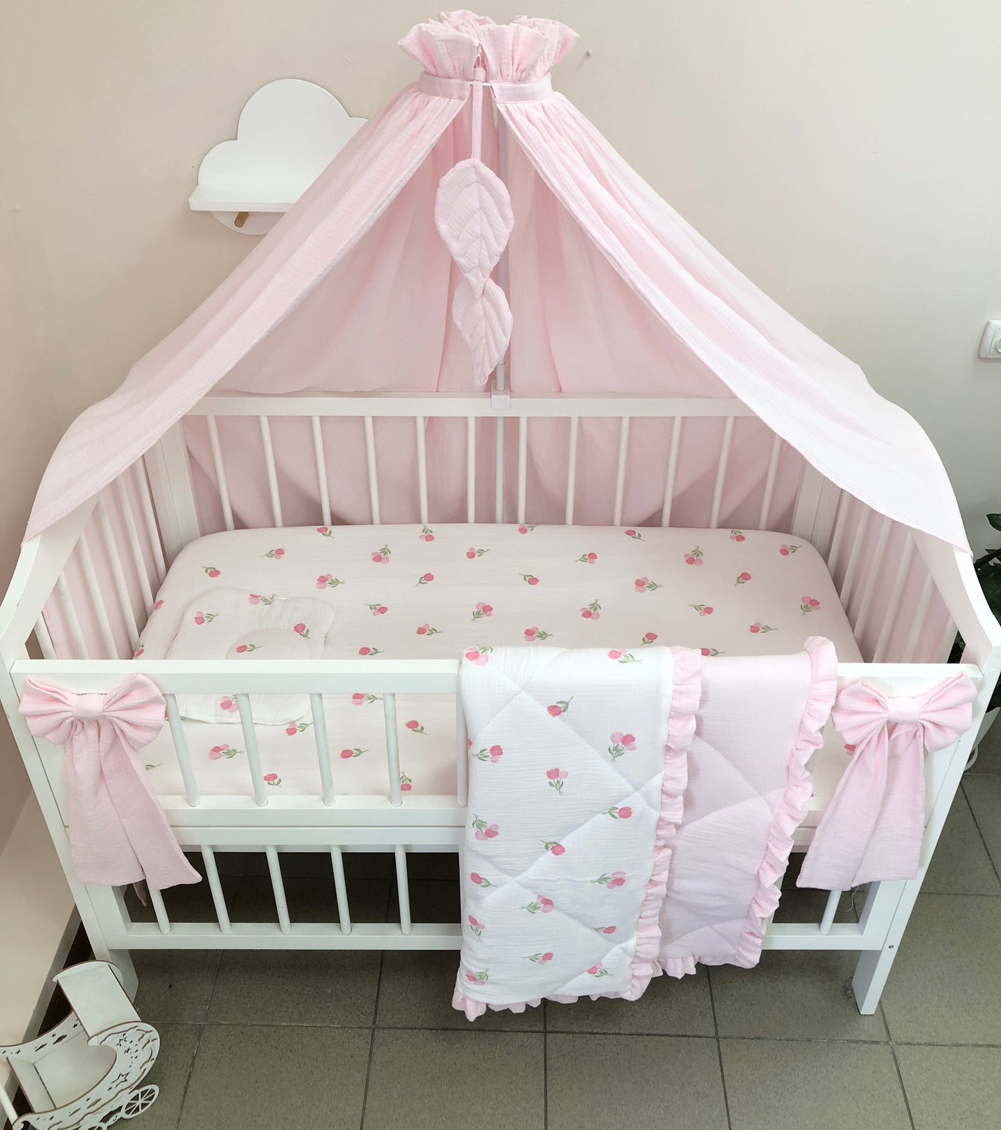Pink Muslin Crib Bedding Set with Tulip Print, Ruffled Reversible Quilt & Leaf Canopy