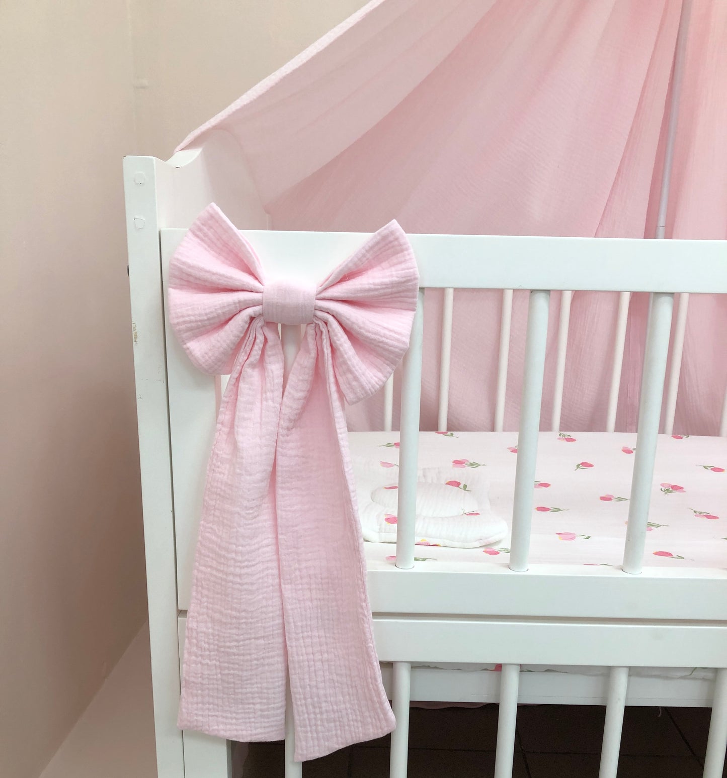 Pink Muslin Crib Bedding Set with Tulip Print, Ruffled Reversible Quilt & Leaf Canopy