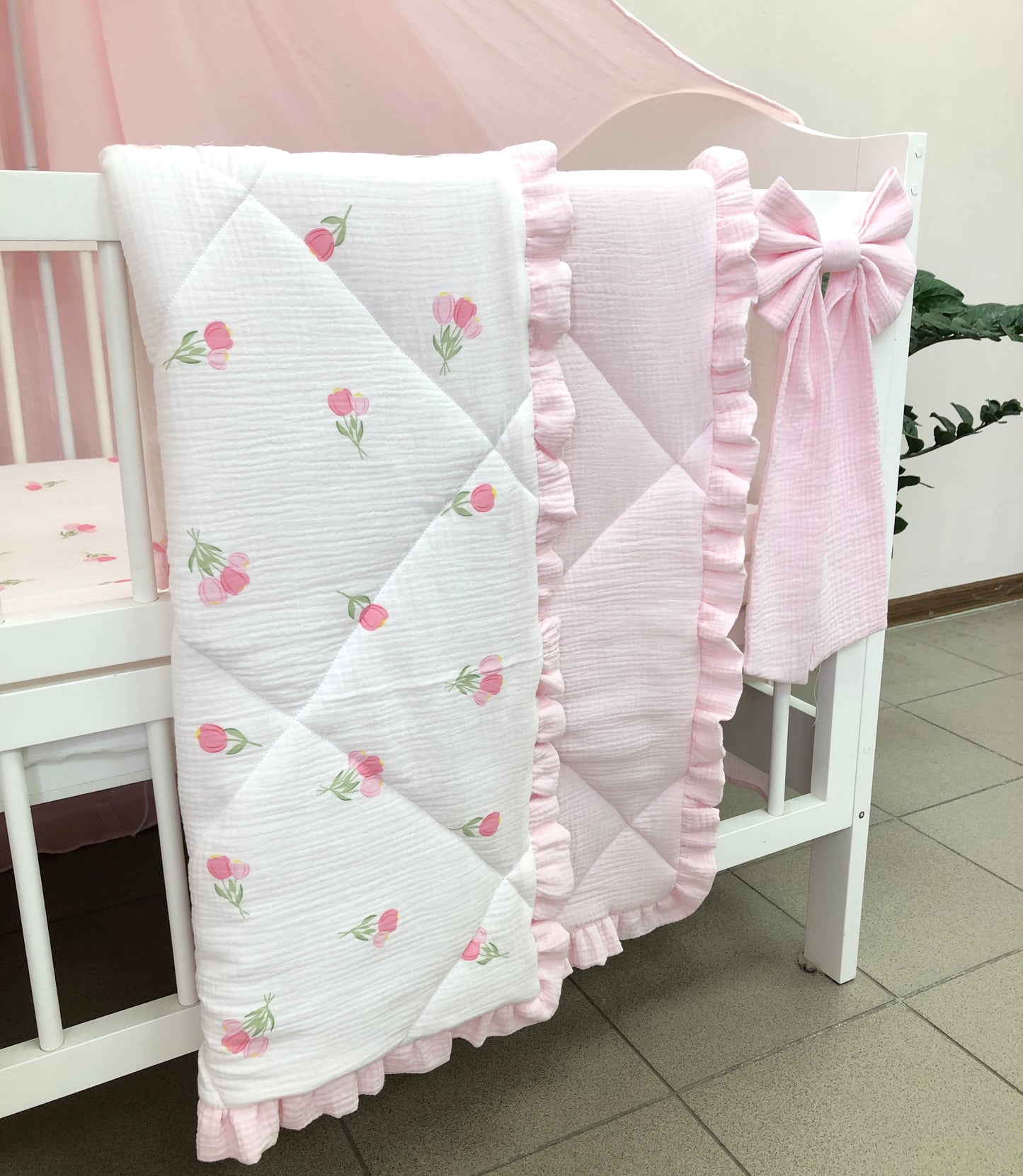 Pink Muslin Crib Bedding Set with Tulip Print, Ruffled Reversible Quilt & Leaf Canopy
