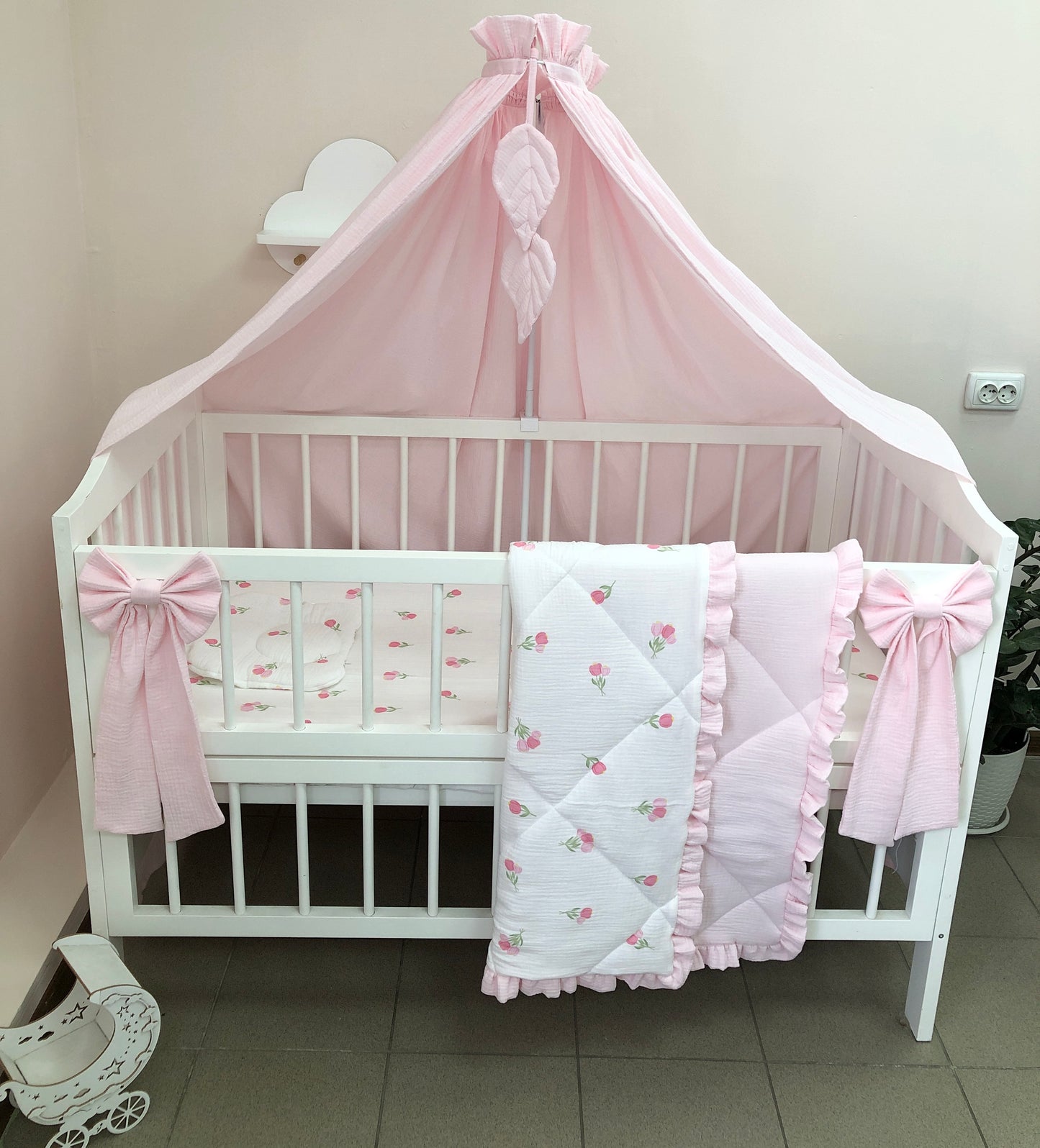 Pink Muslin Crib Bedding Set with Tulip Print, Ruffled Reversible Quilt & Leaf Canopy