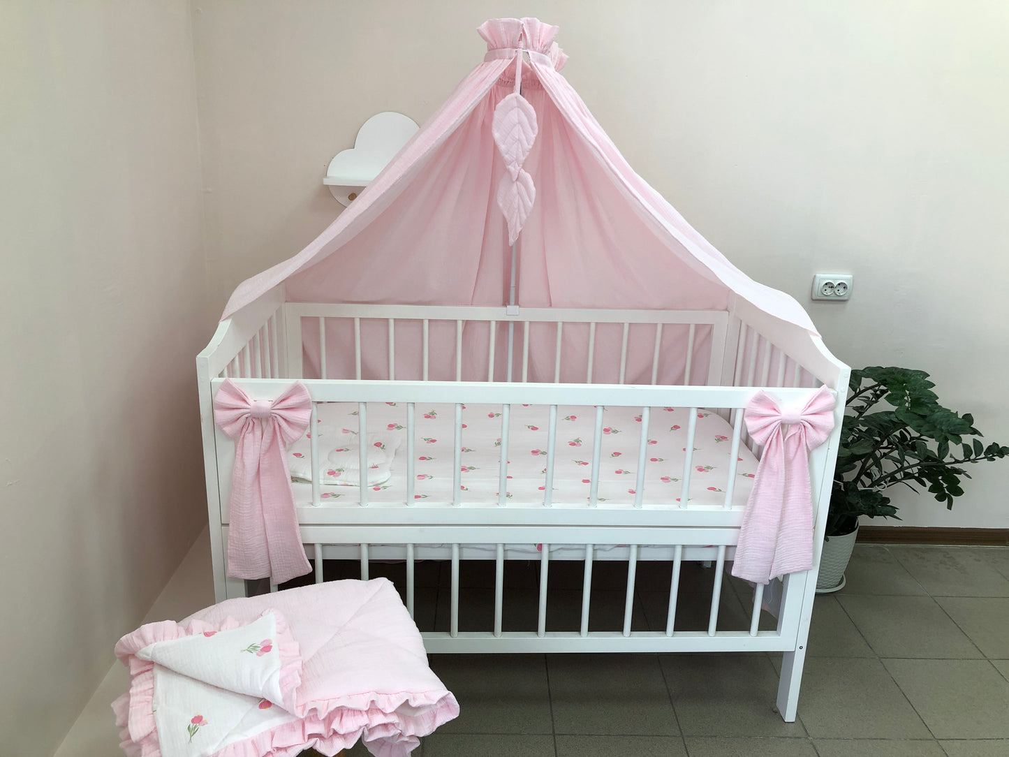 Pink Muslin Crib Bedding Set with Tulip Print, Ruffled Reversible Quilt & Leaf Canopy