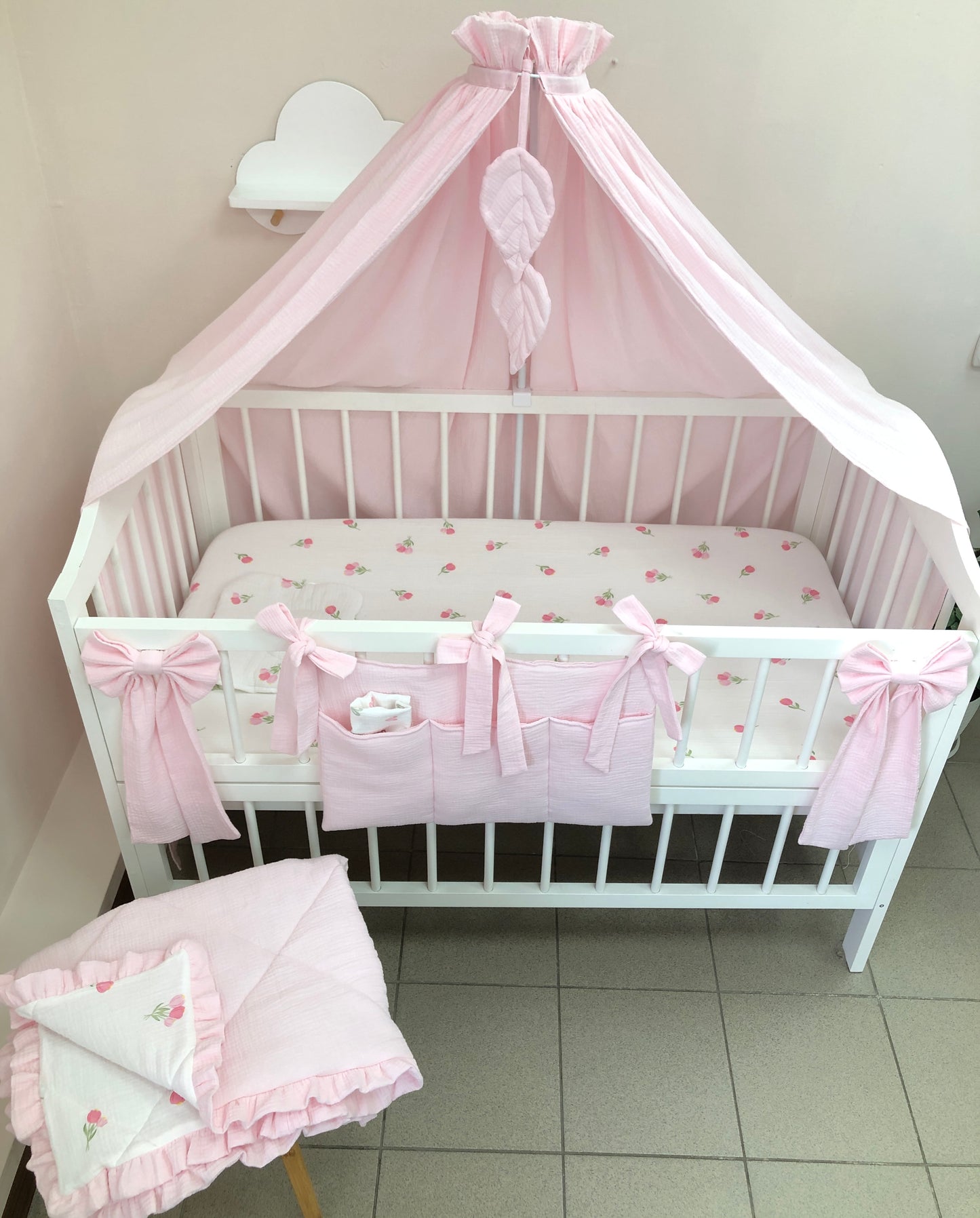 Pink Muslin Crib Bedding Set with Tulip Print, Ruffled Reversible Quilt & Leaf Canopy