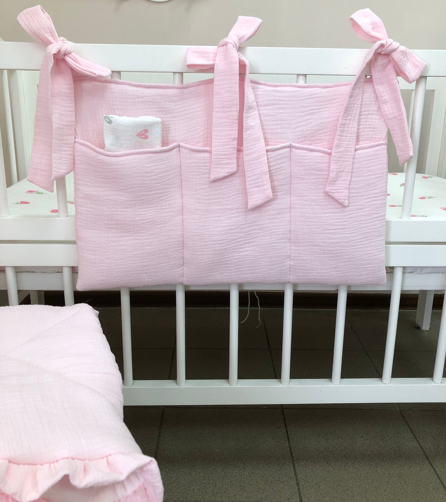 Pink Muslin Crib Bedding Set with Tulip Print, Ruffled Reversible Quilt & Leaf Canopy