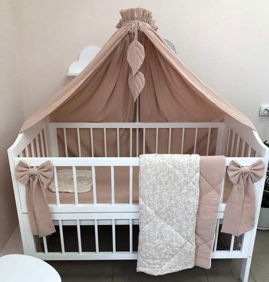 Neutral Beige Muslin Crib Bedding Set with Bunny Print, Reversible Pom-Pom Quilt & Leaf Canopy