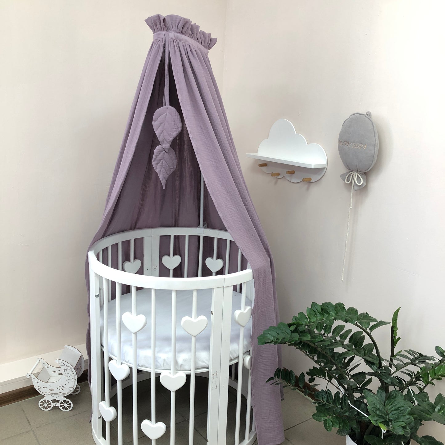 Plum Muslin Crib Bedding Set with Leaf Canopy, Quilted Blanket & Front Crib Skirt